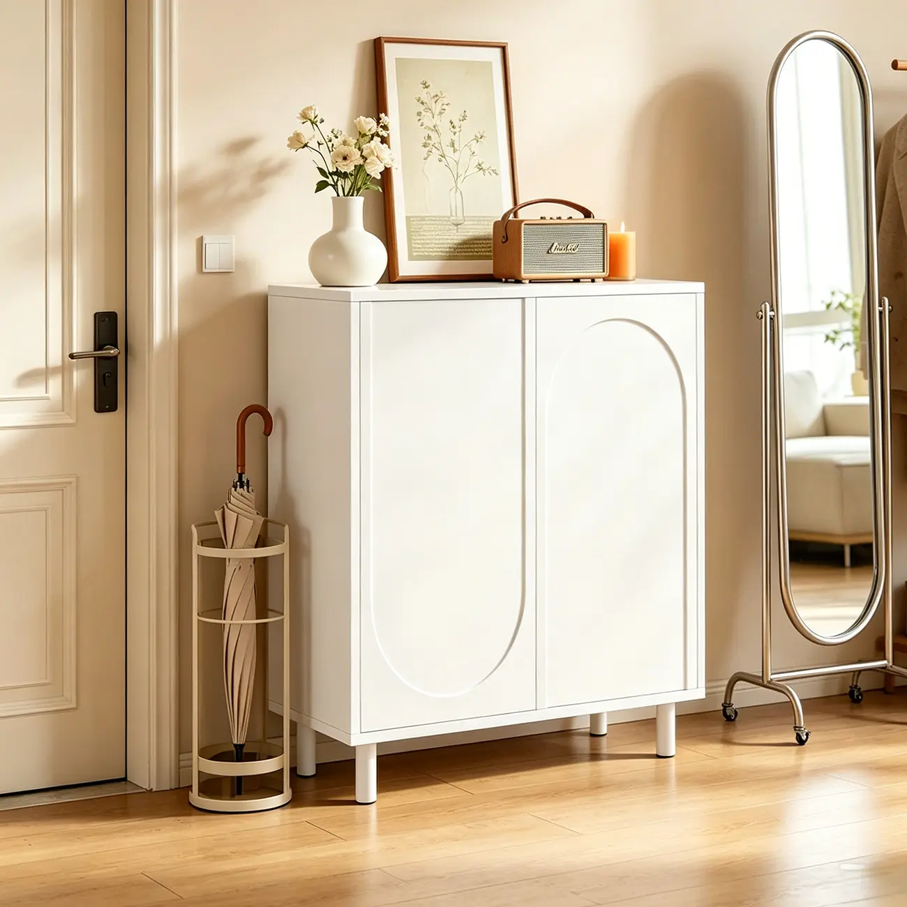 White Curved Panel Shoe Cabinet with Open Base Storages Image - 2 | homeyfad