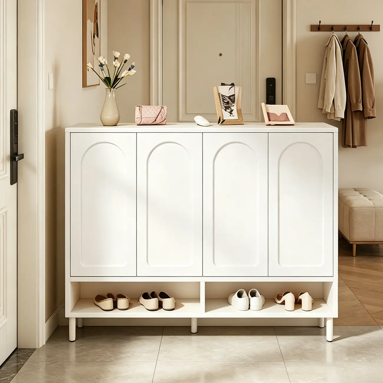 White Curved Panel Shoe Cabinet with Open Base Storages Image - 12 | homeyfad