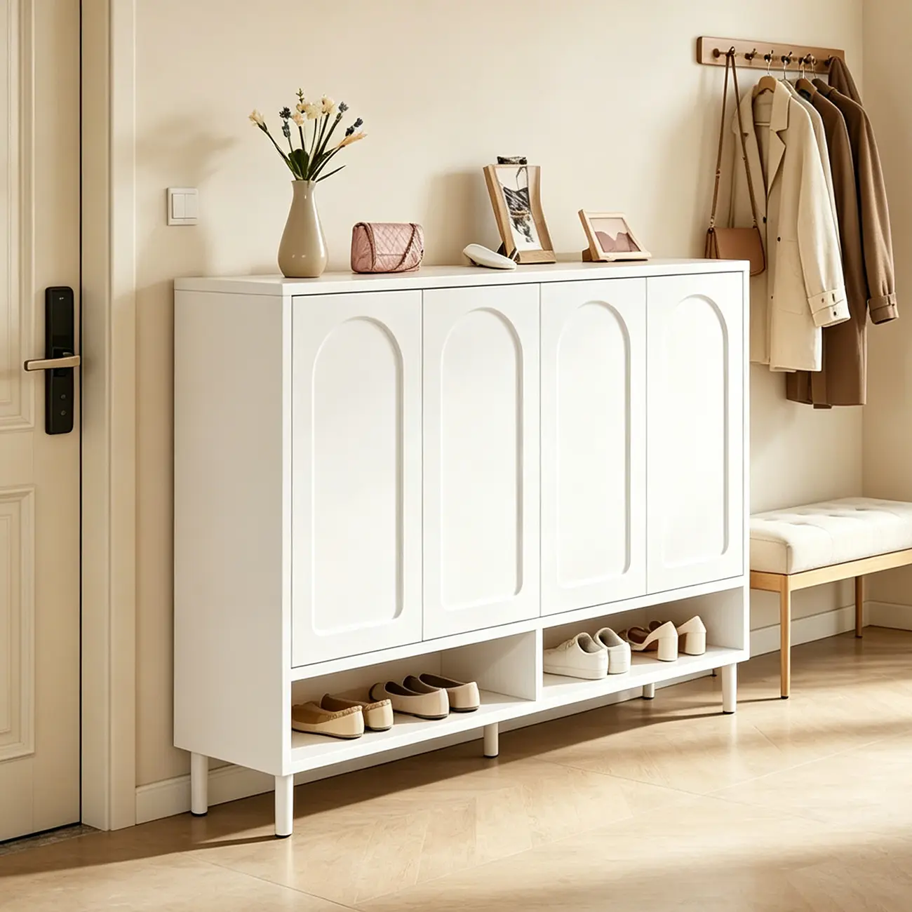 White Curved Panel Shoe Cabinet with Open Base Storages Image - 13 | homeyfad