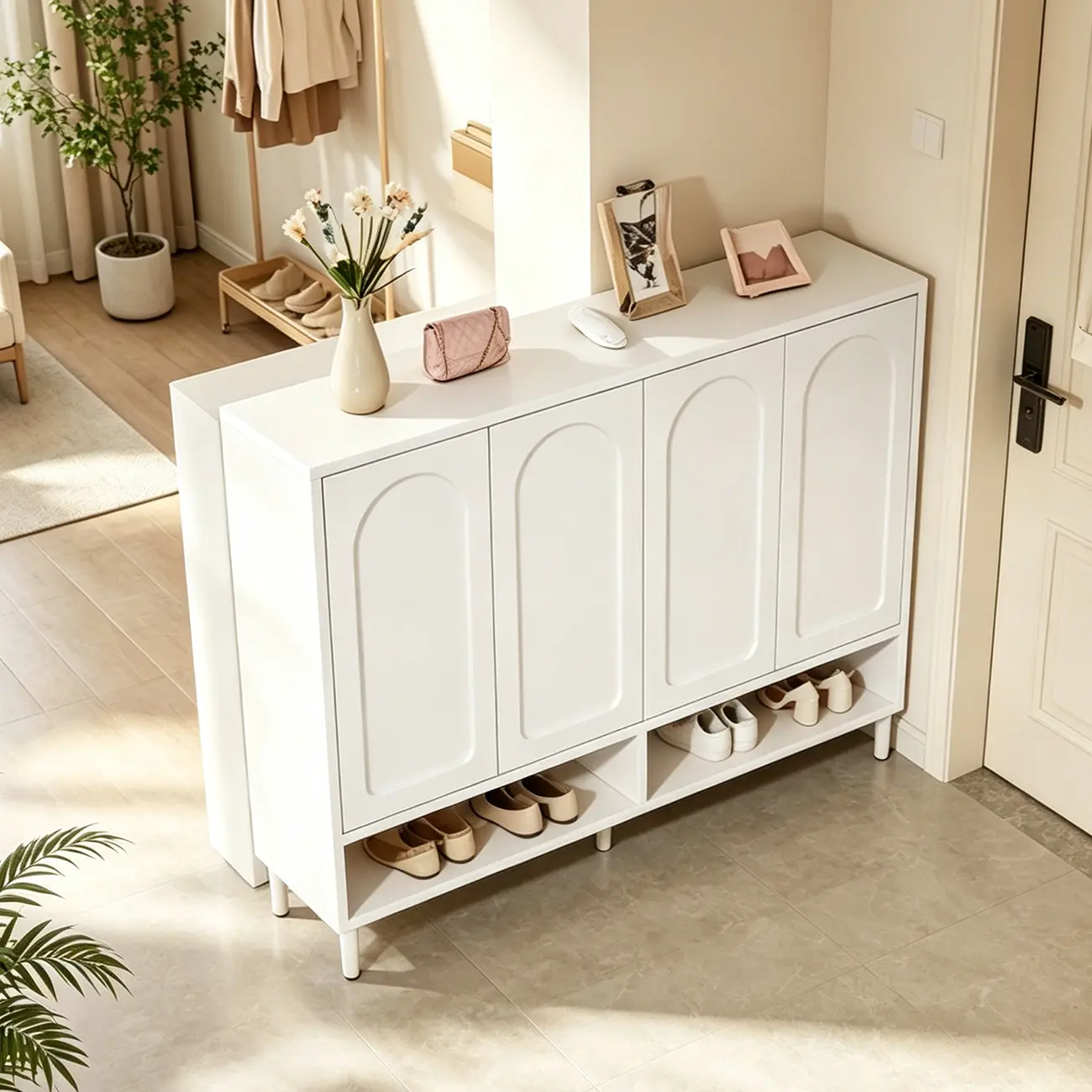 White Curved Panel Shoe Cabinet with Open Base Storages Image - 14 | homeyfad