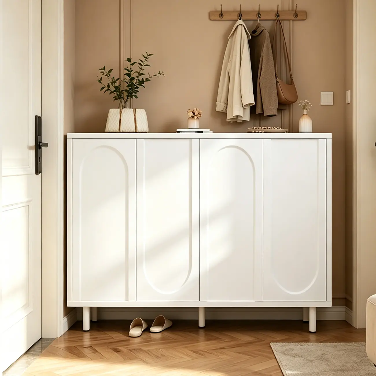 White Curved Panel Shoe Cabinet with Open Base Storages Image - 5 | homeyfad