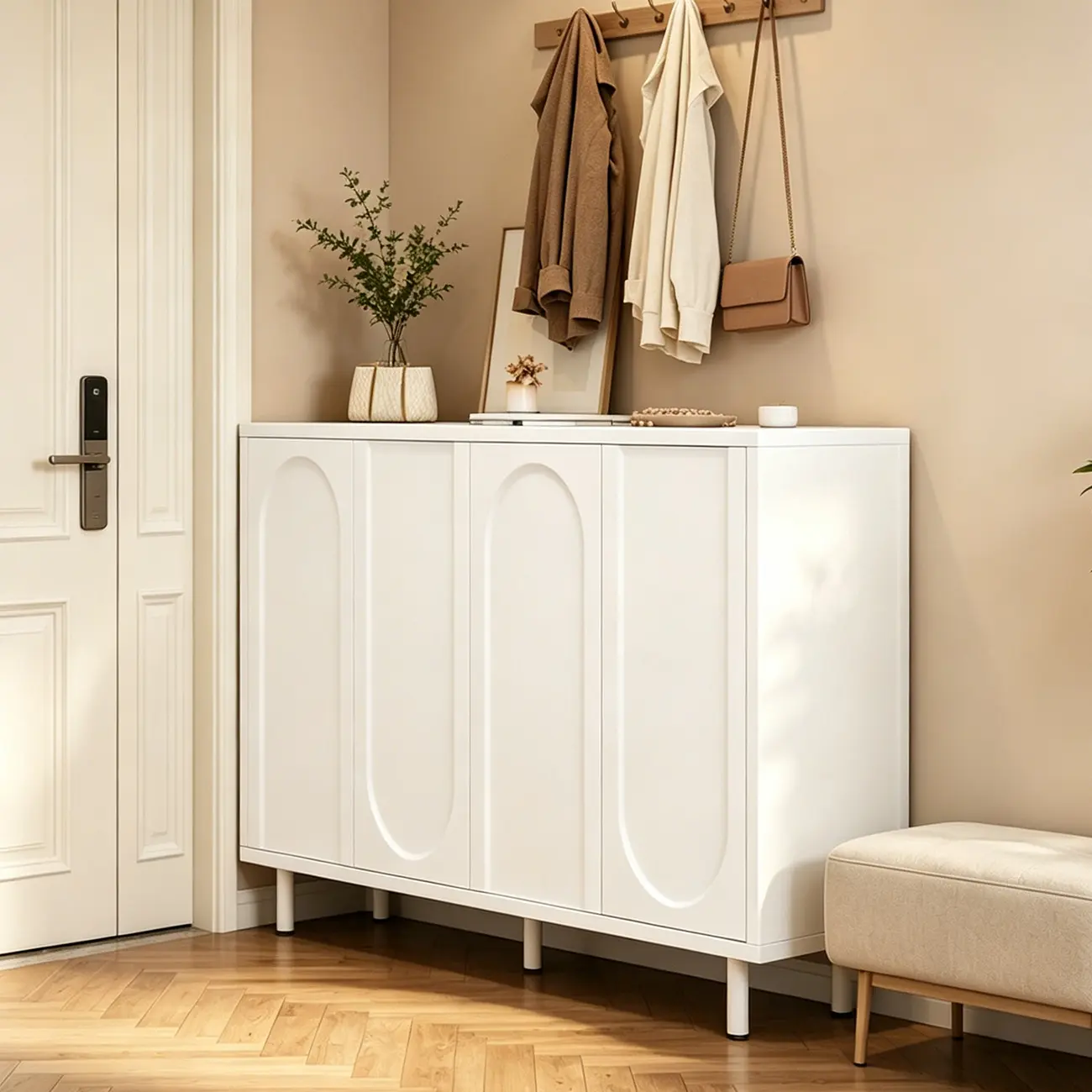 White Curved Panel Shoe Cabinet with Open Base Storages Image - 6 | homeyfad