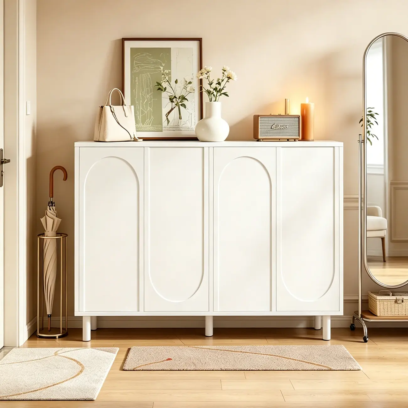 White Curved Panel Shoe Cabinet with Open Base Storages Image - 7 | homeyfad