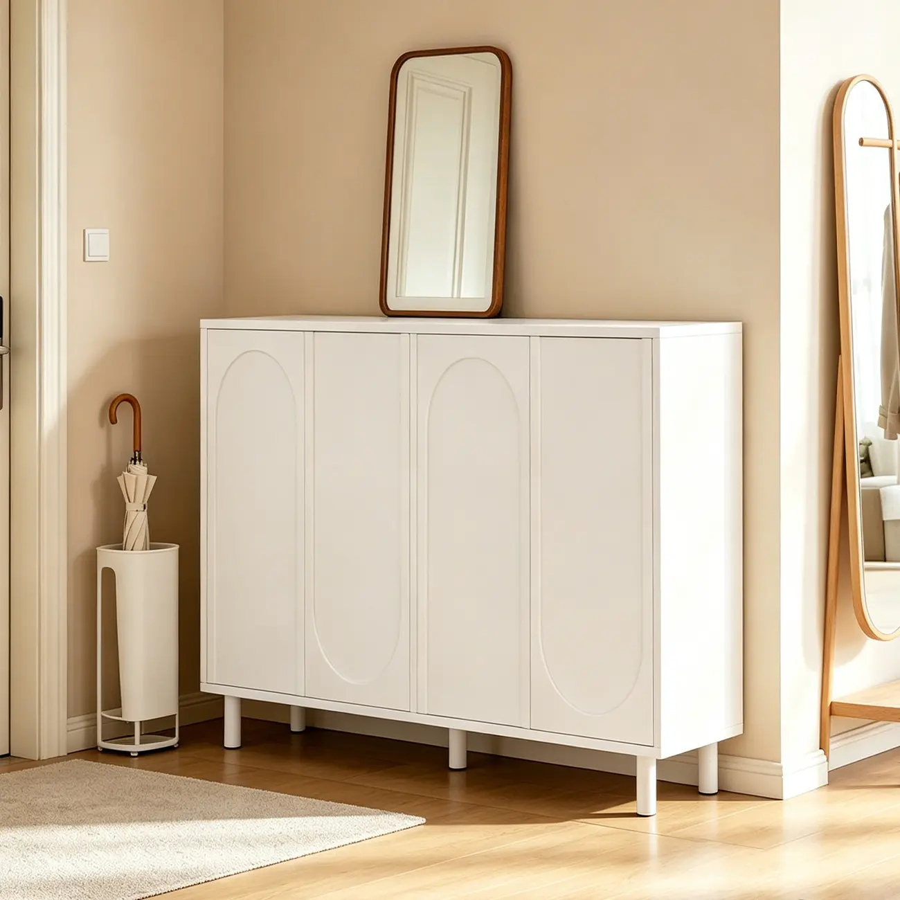 White Curved Panel Shoe Cabinet with Open Base Storages Image - 8 | homeyfad