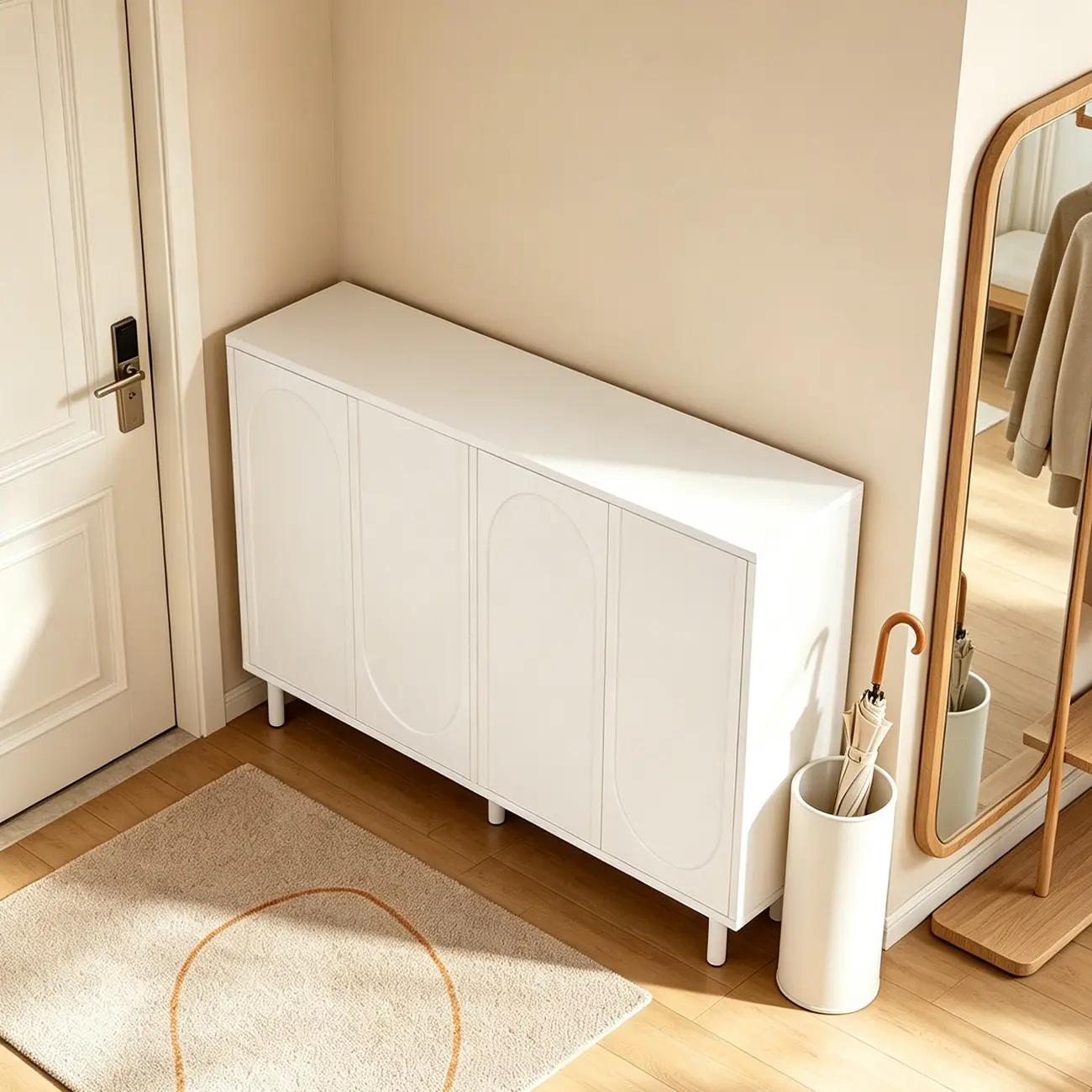 White Curved Panel Shoe Cabinet with Open Base Storages Image - 9 | homeyfad
