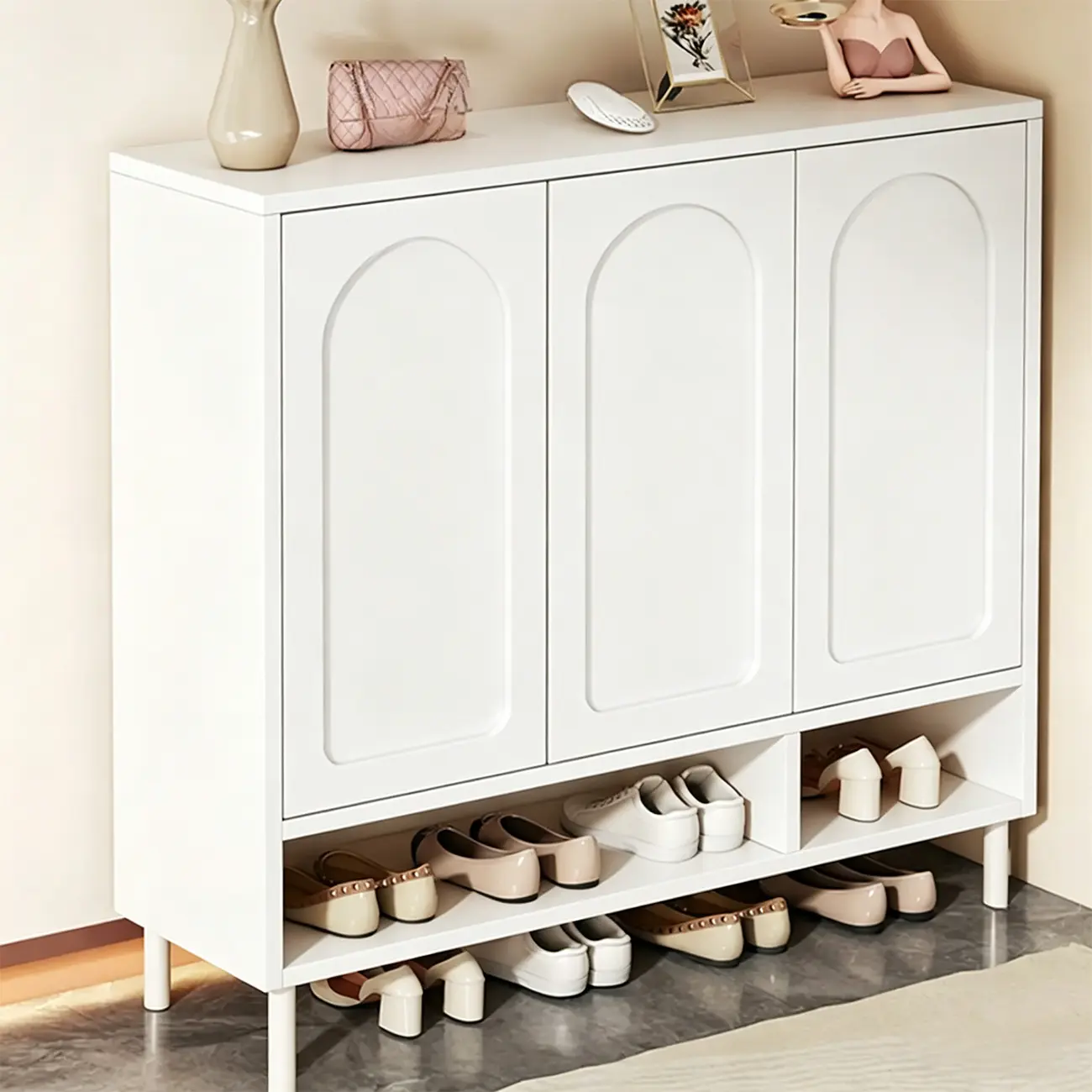 White Curved Panel Shoe Cabinet with Open Base Storages Image - 10 | homeyfad