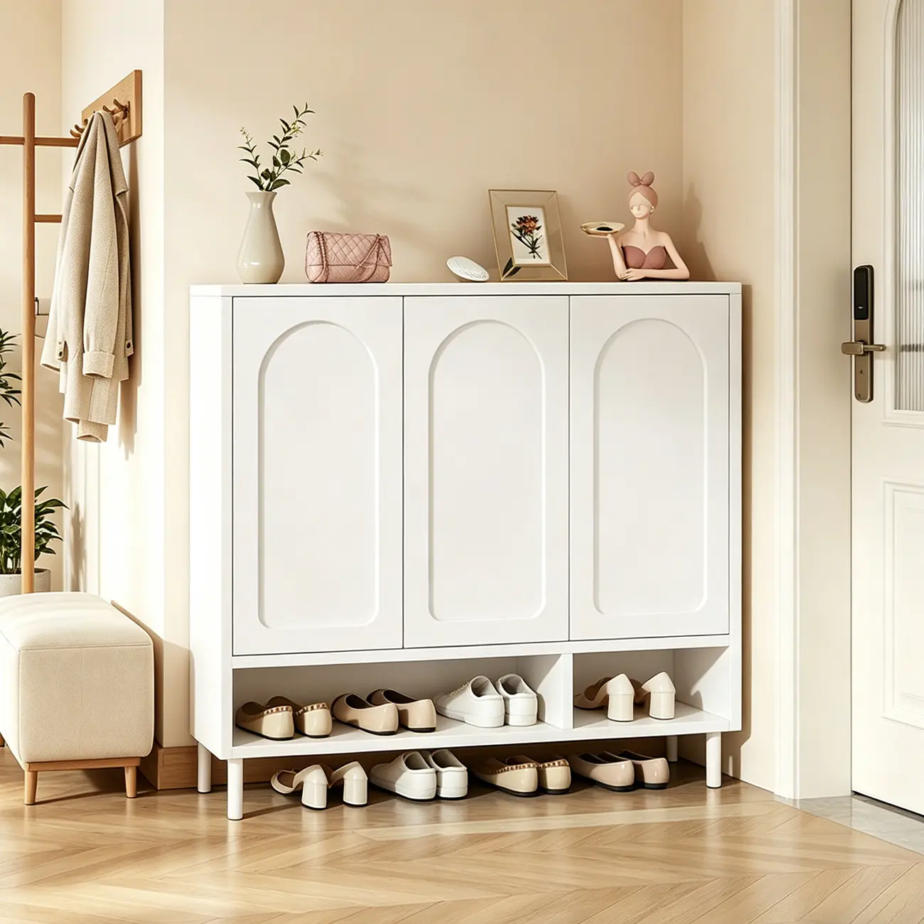 White Curved Panel Shoe Cabinet with Open Base Storages Image - 11 | homeyfad