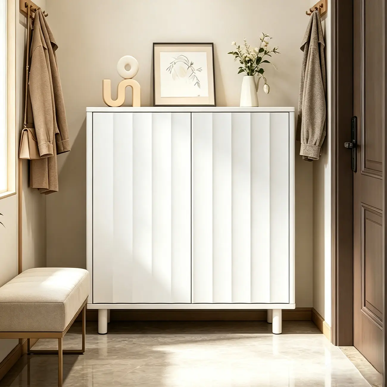White Curved Panel Shoe Cabinet with Open Base Storages Image - 15 | homeyfad