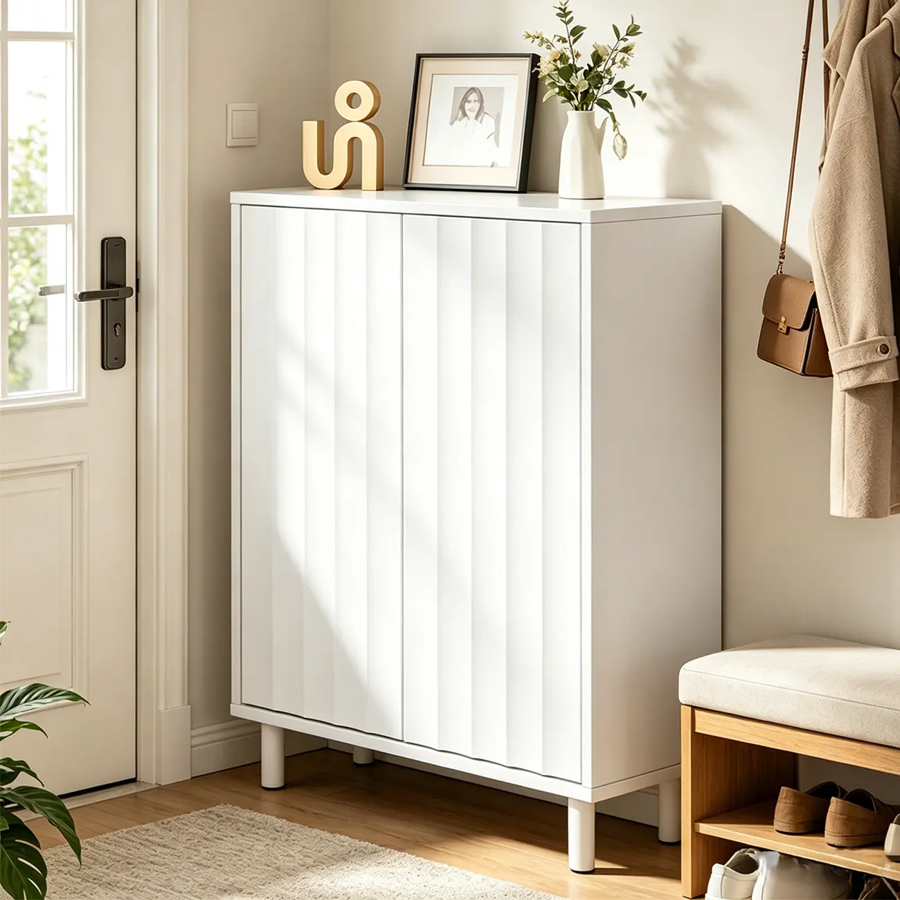 White Curved Panel Shoe Cabinet with Open Base Storages Image - 16 | homeyfad