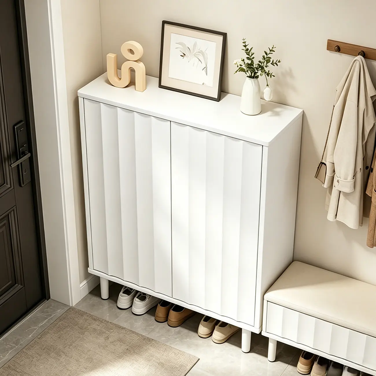 White Curved Panel Shoe Cabinet with Open Base Storages Image - 17 | homeyfad