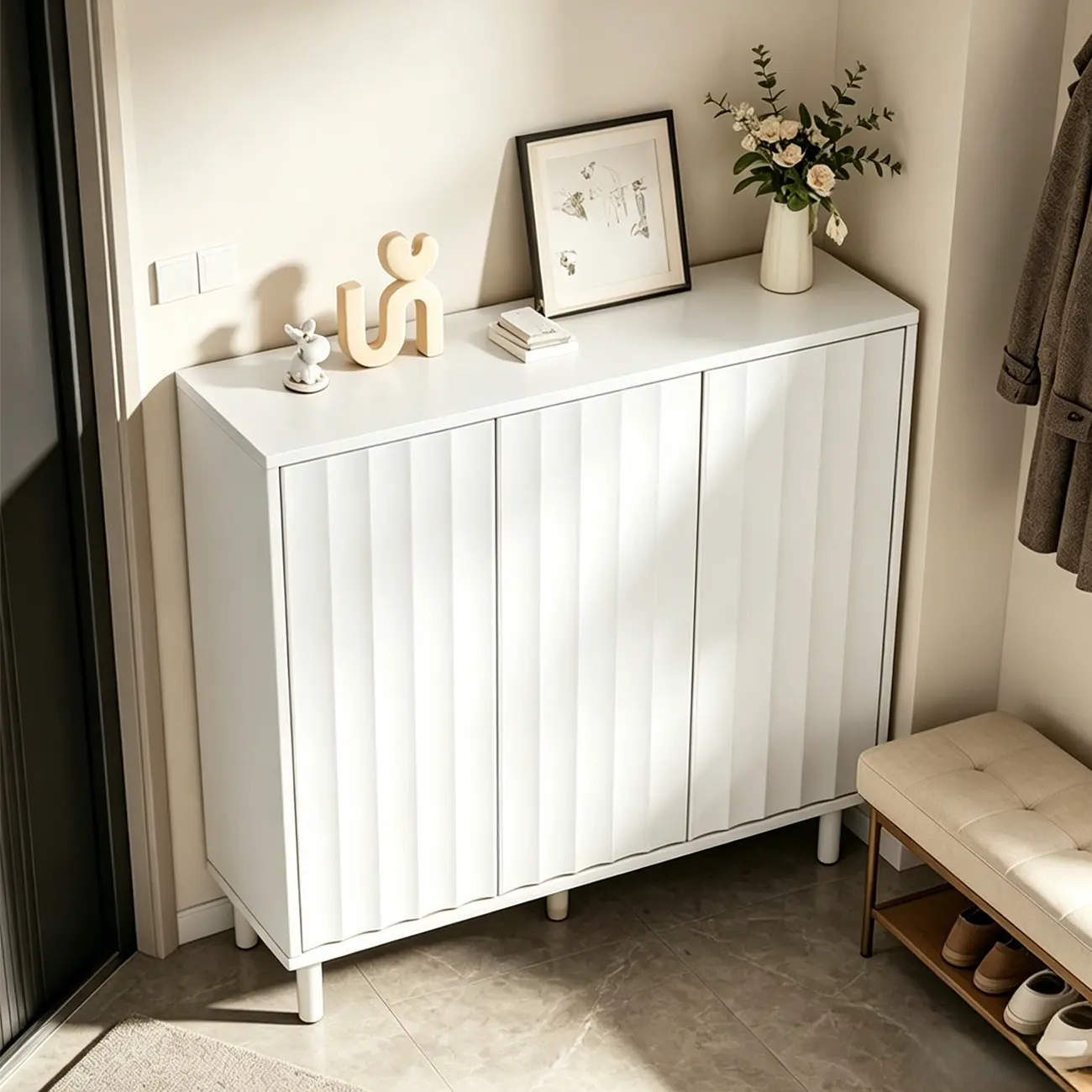 White Curved Panel Shoe Cabinet with Open Base Storages Image - 19 | homeyfad