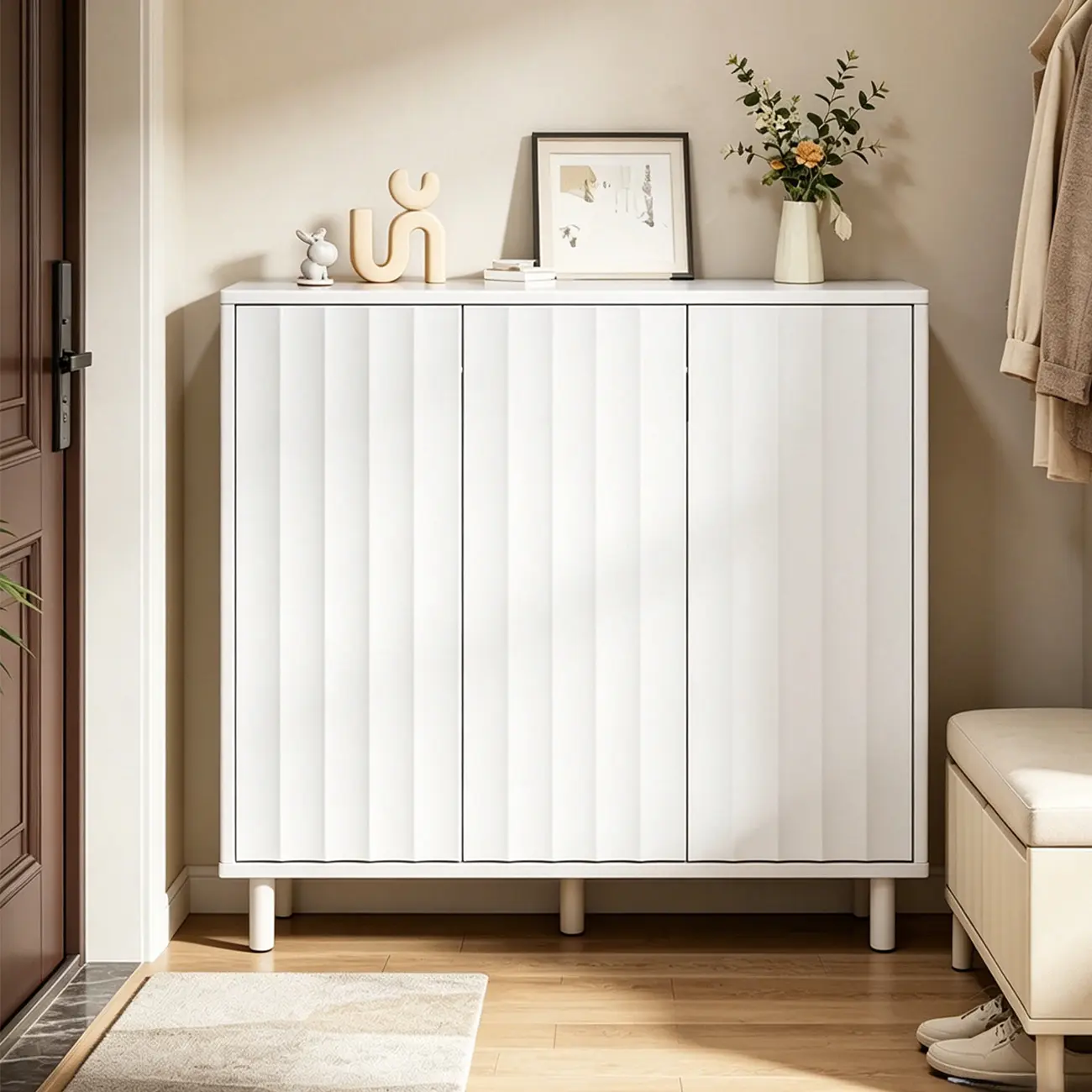 White Curved Panel Shoe Cabinet with Open Base Storages Image - 18 | homeyfad