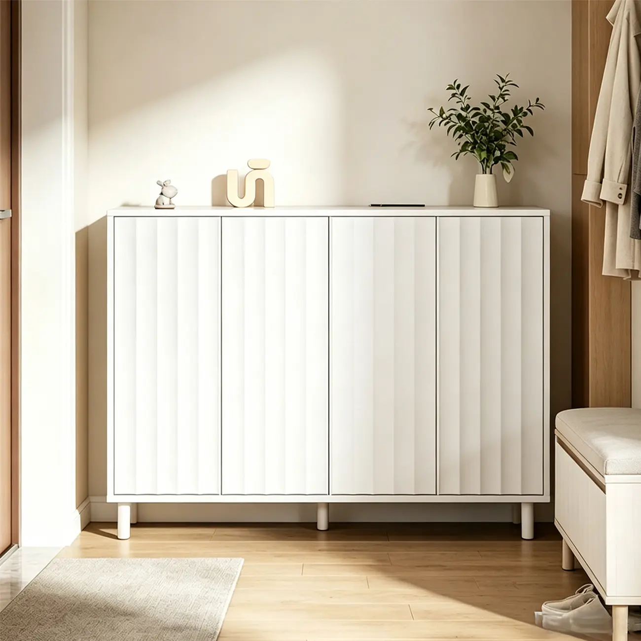 White Curved Panel Shoe Cabinet with Open Base Storages Image - 20 | homeyfad