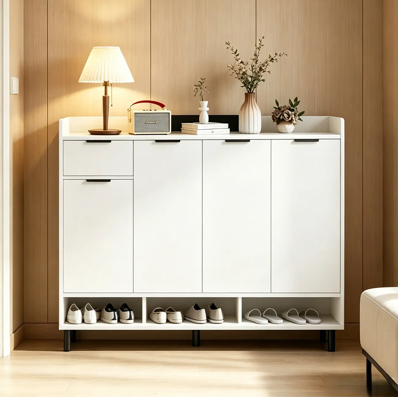 White Curved Panel Shoe Cabinet with Open Base Storages Image - 21 | homeyfad