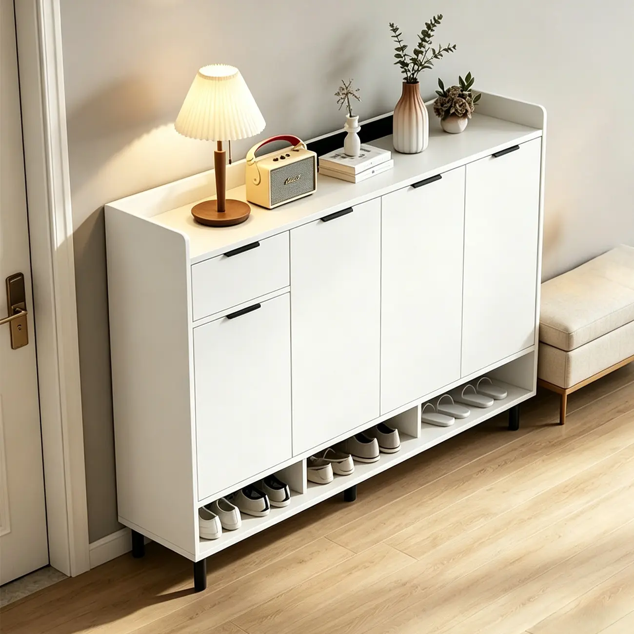 White Curved Panel Shoe Cabinet with Open Base Storages Image - 22 | homeyfad