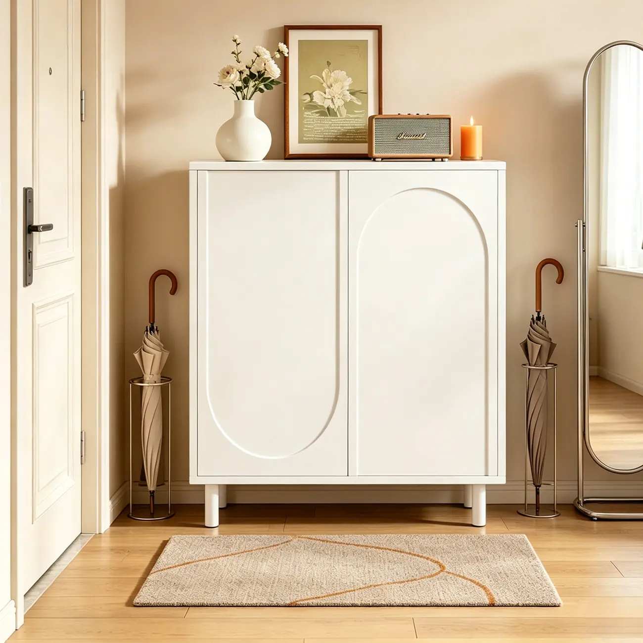 White Curved Panel Shoe Cabinet with Open Base Storages Image - 1 | homeyfad