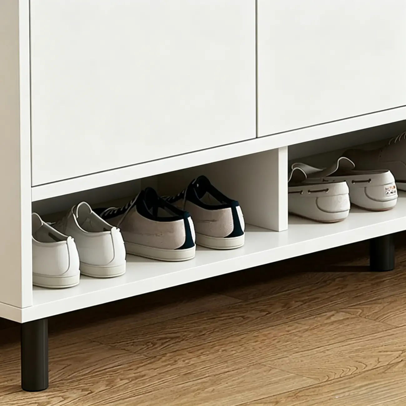White Curved Panel Shoe Cabinet with Open Base Storages Image - 24 | homeyfad