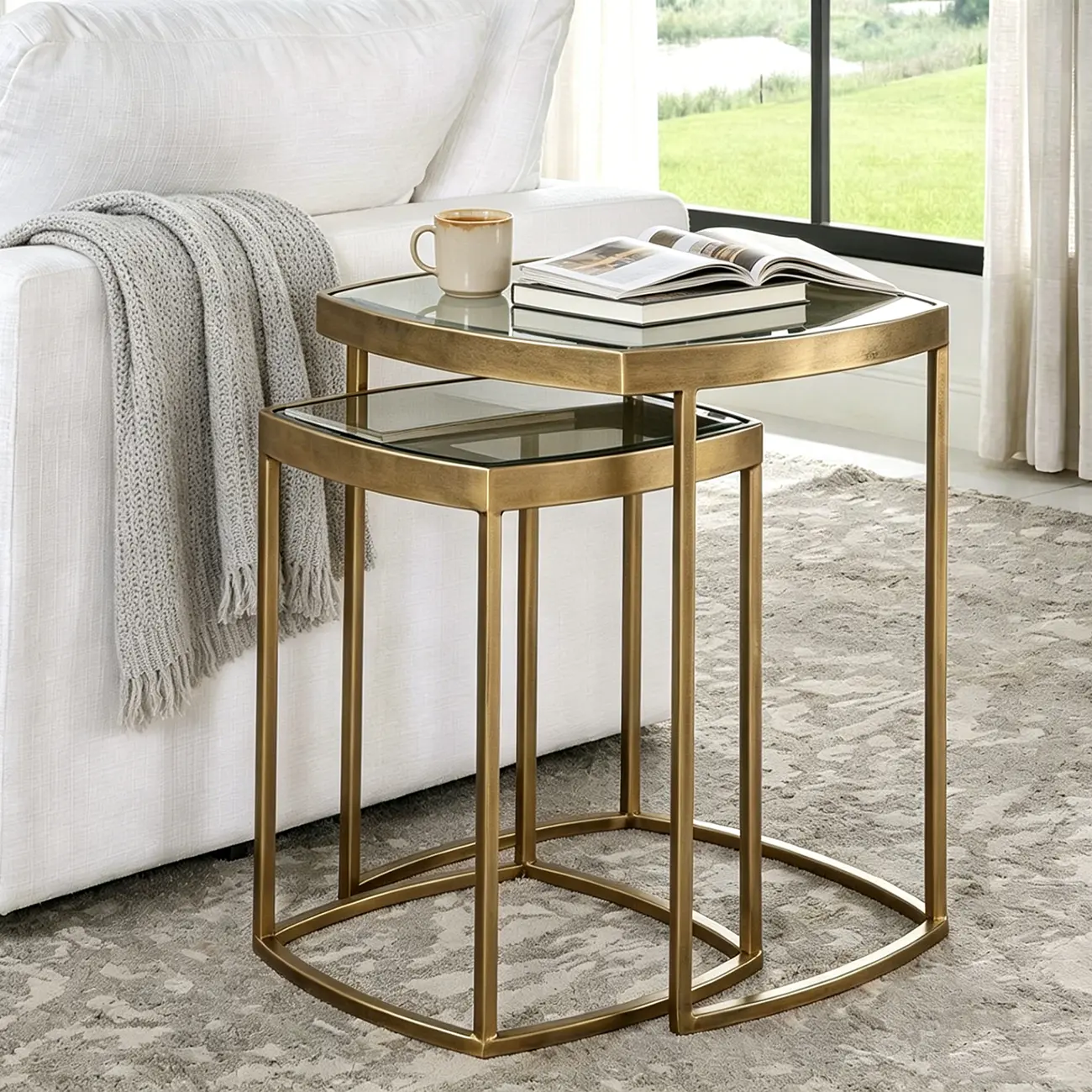 Modern Luxury Black Glass Top Metal Nesting Side Table Image - 1 | homeyfad