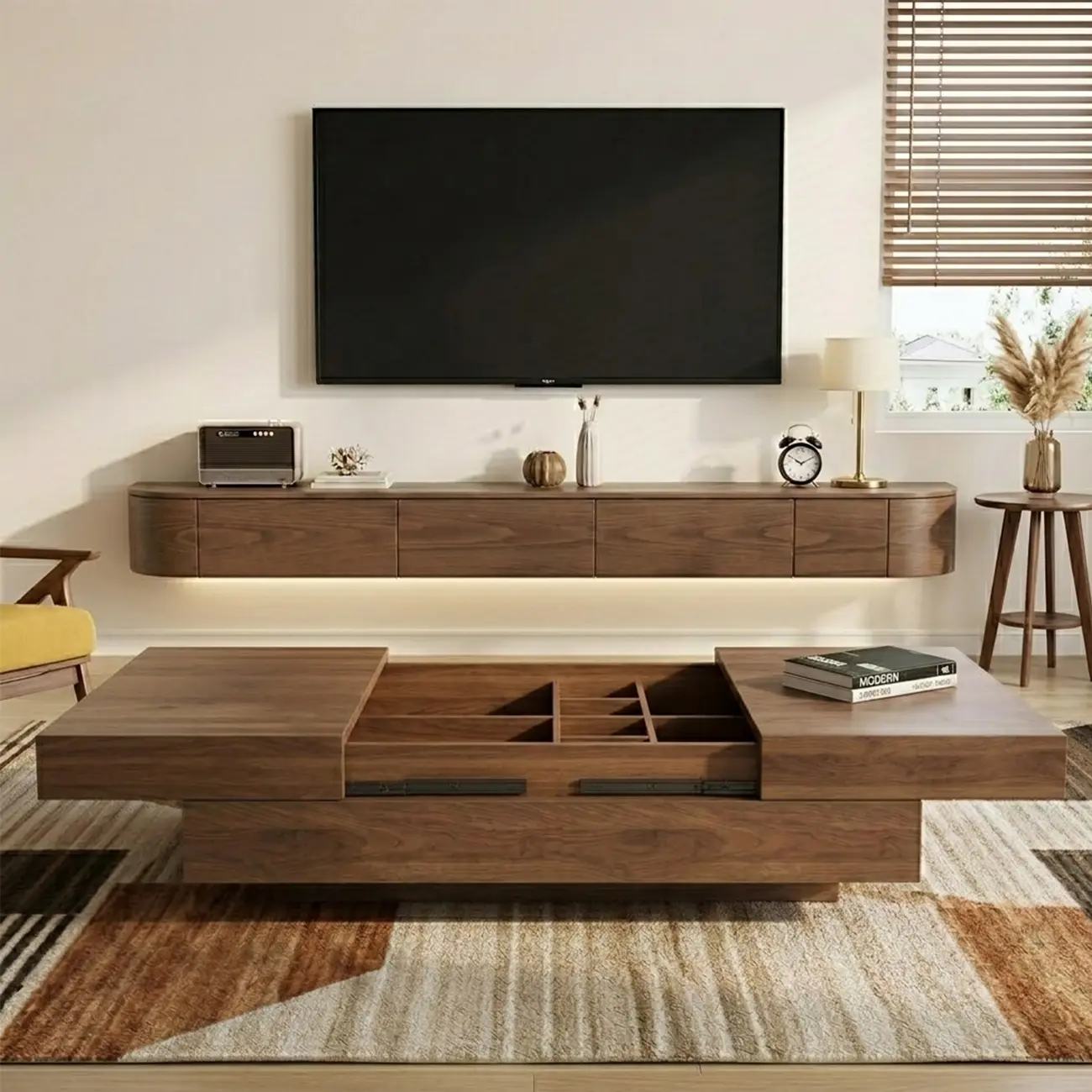 Mid-Century Modern Walnut Color Expandable Storage Coffee Table Image - 2 | homeyfad