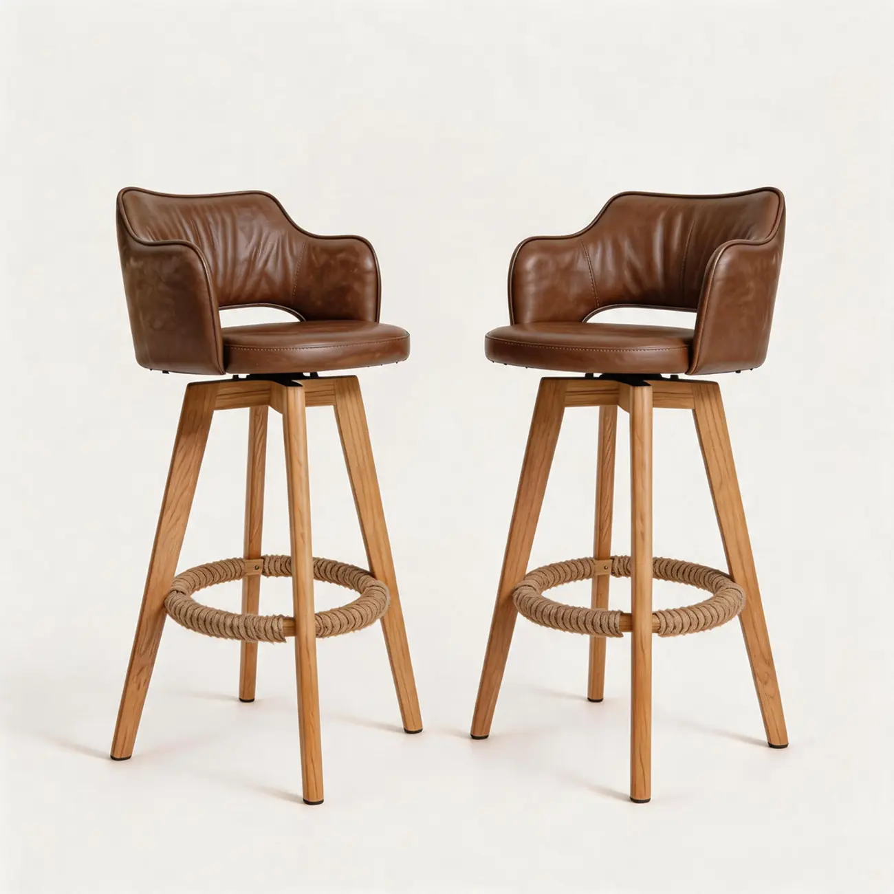 Set Of 2 Modern Swivel Faux Leather Counter Stools Solid Wood Frame Image - 10 | homeyfad