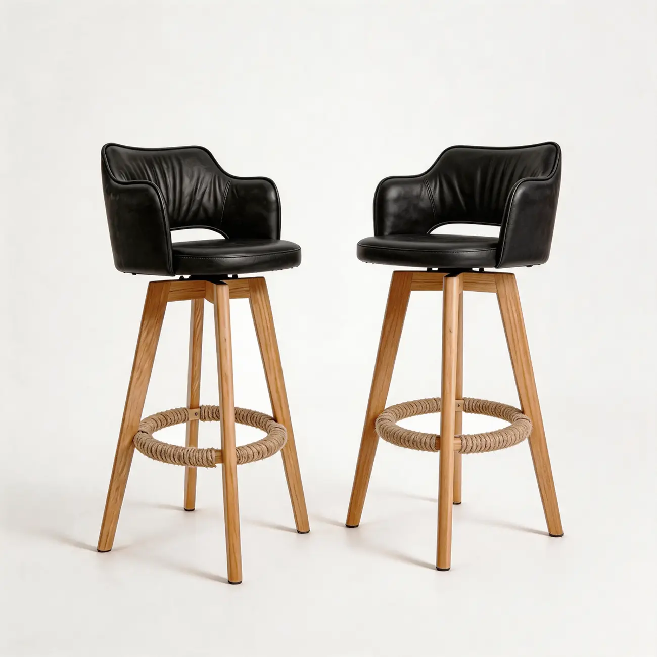 Set Of 2 Modern Swivel Faux Leather Counter Stools Solid Wood Frame Image - 11 | homeyfad