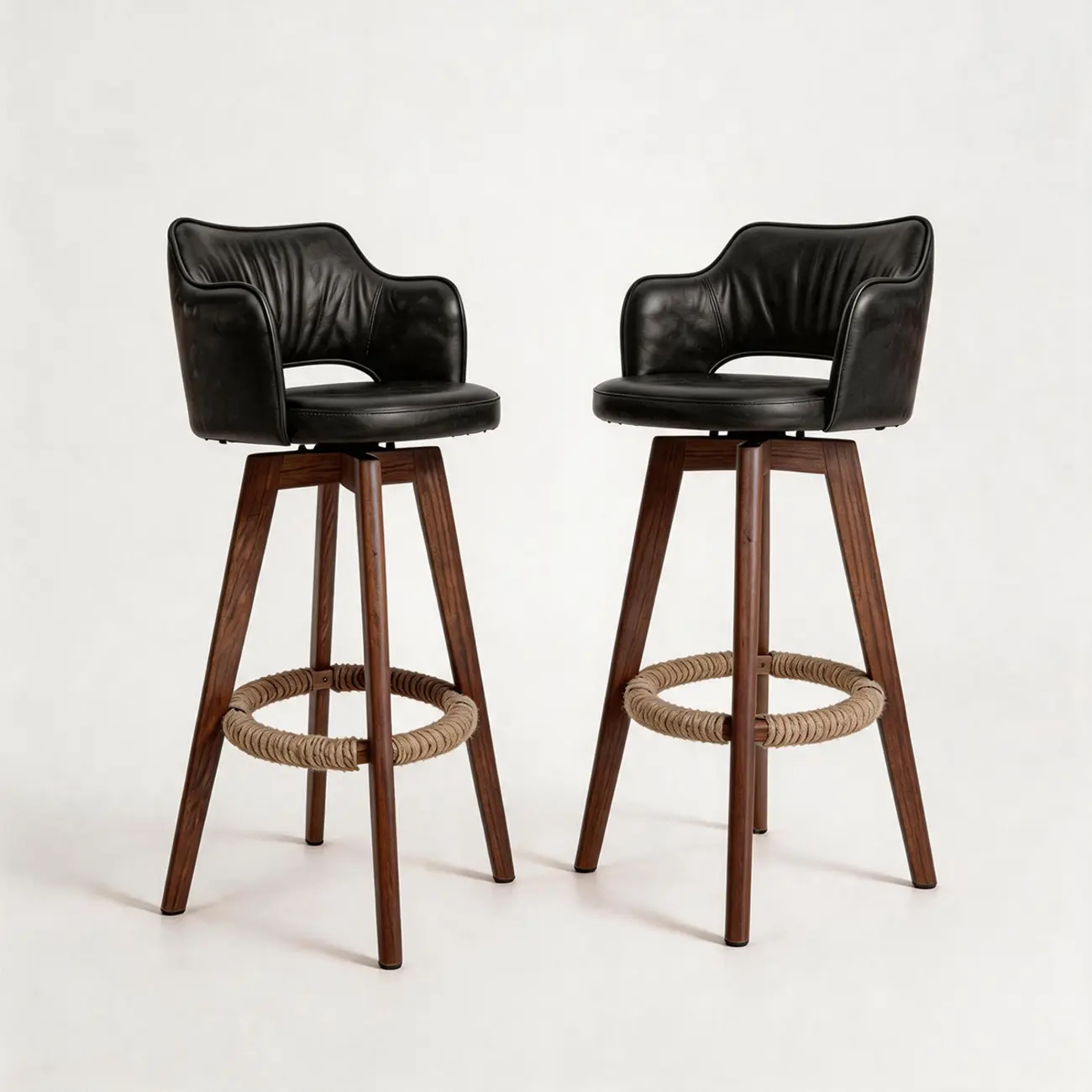 Set Of 2 Modern Swivel Faux Leather Counter Stools Solid Wood Frame Image - 14 | homeyfad