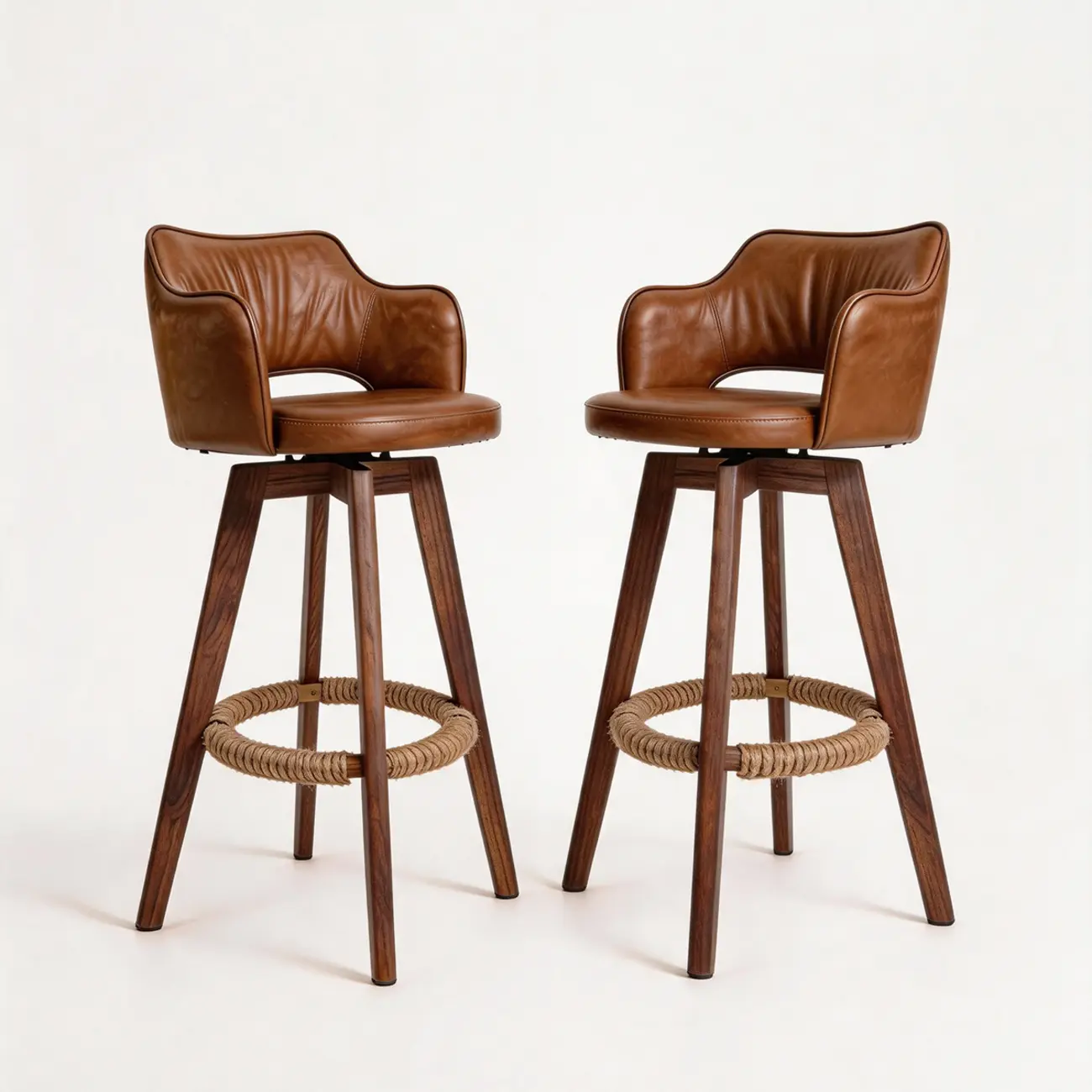Set Of 2 Modern Swivel Faux Leather Counter Stools Solid Wood Frame Image - 15 | homeyfad