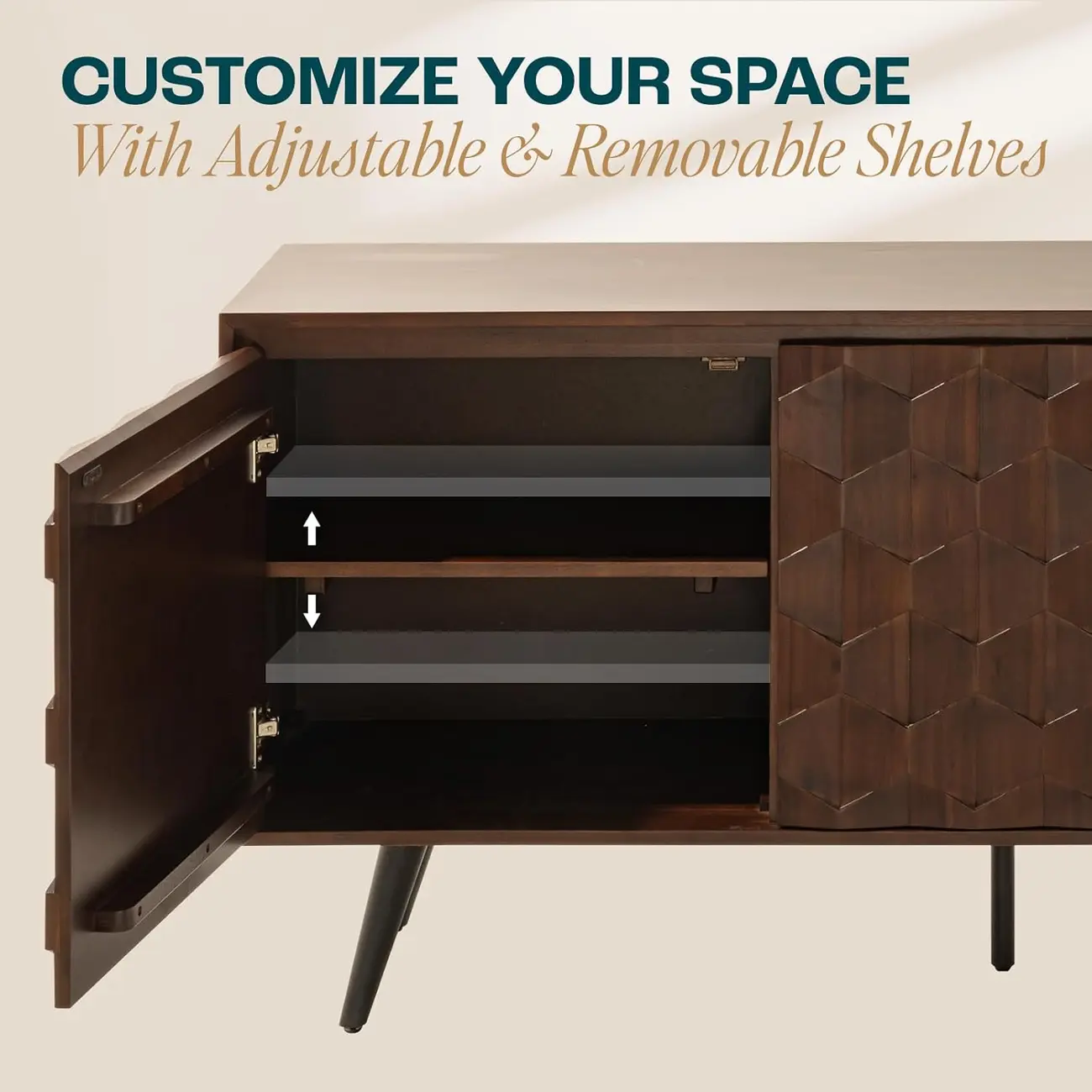 61" Mid-Century Modern Sideboard Buffet Cabinet with Geometric Pattern Image - 8 | homeyfad