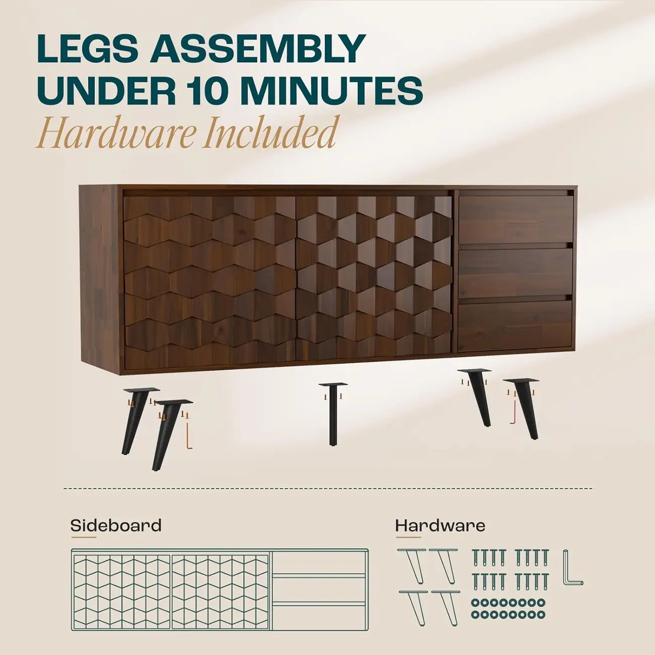 61" Mid-Century Modern Sideboard Buffet Cabinet with Geometric Pattern Image - 11 | homeyfad