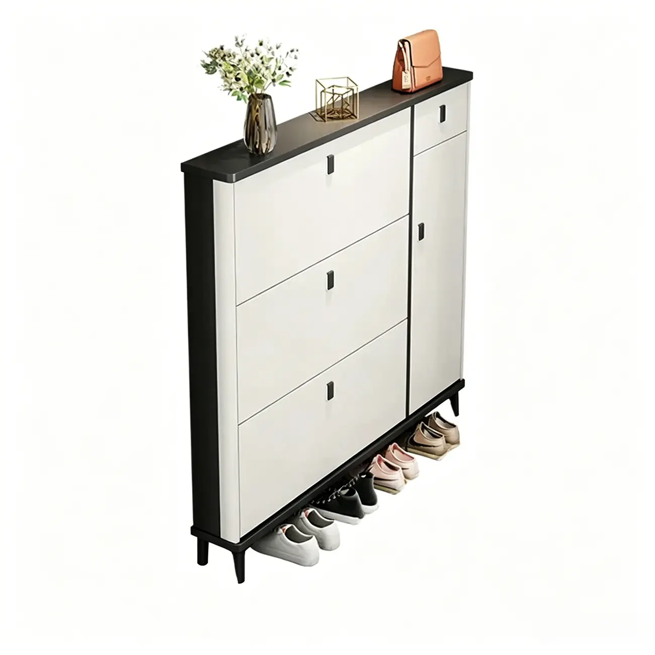 Narrow Sleek Gray Wood Shoe Cabinet with Drop-Front Door Image - 11 | homeyfad