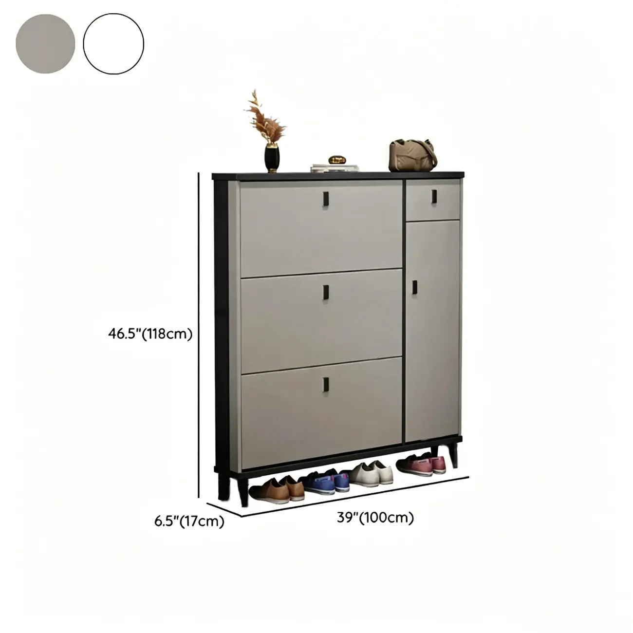 Narrow Sleek Gray Wood Shoe Cabinet with Drop-Front Door Image - 17 | homeyfad