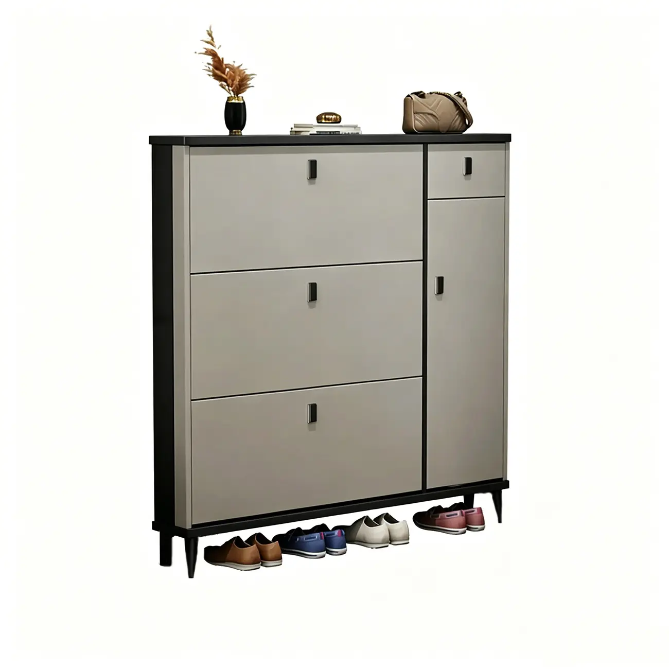 Narrow Sleek Gray Wood Shoe Cabinet with Drop-Front Door Image - 14 | homeyfad