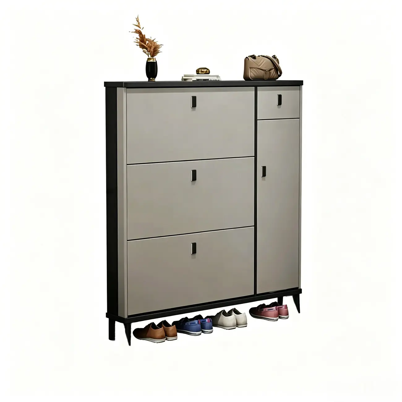 Narrow Sleek Gray Wood Shoe Cabinet with Drop-Front Door Image - 6 | homeyfad
