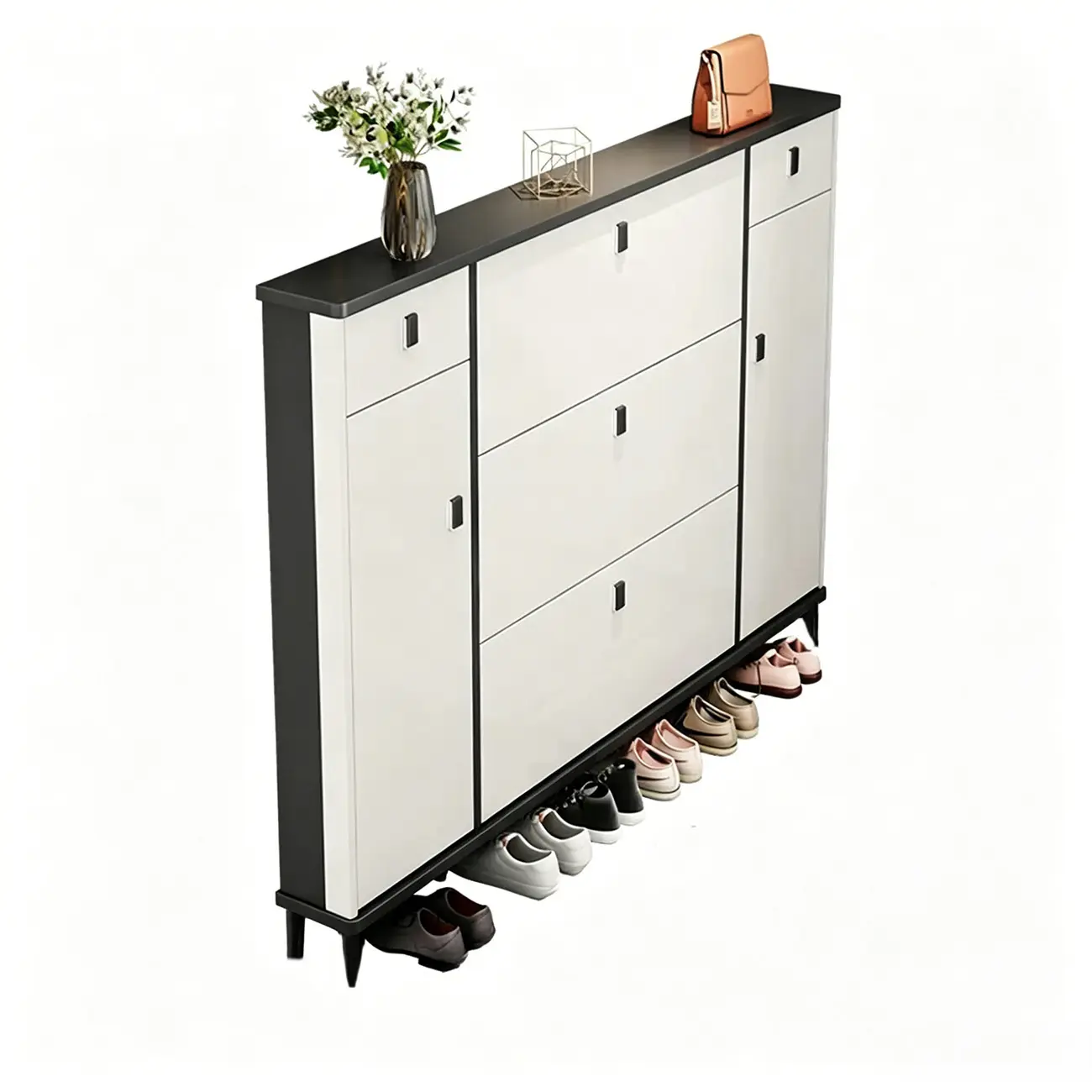 Narrow Sleek Gray Wood Shoe Cabinet with Drop-Front Door Image - 12 | homeyfad