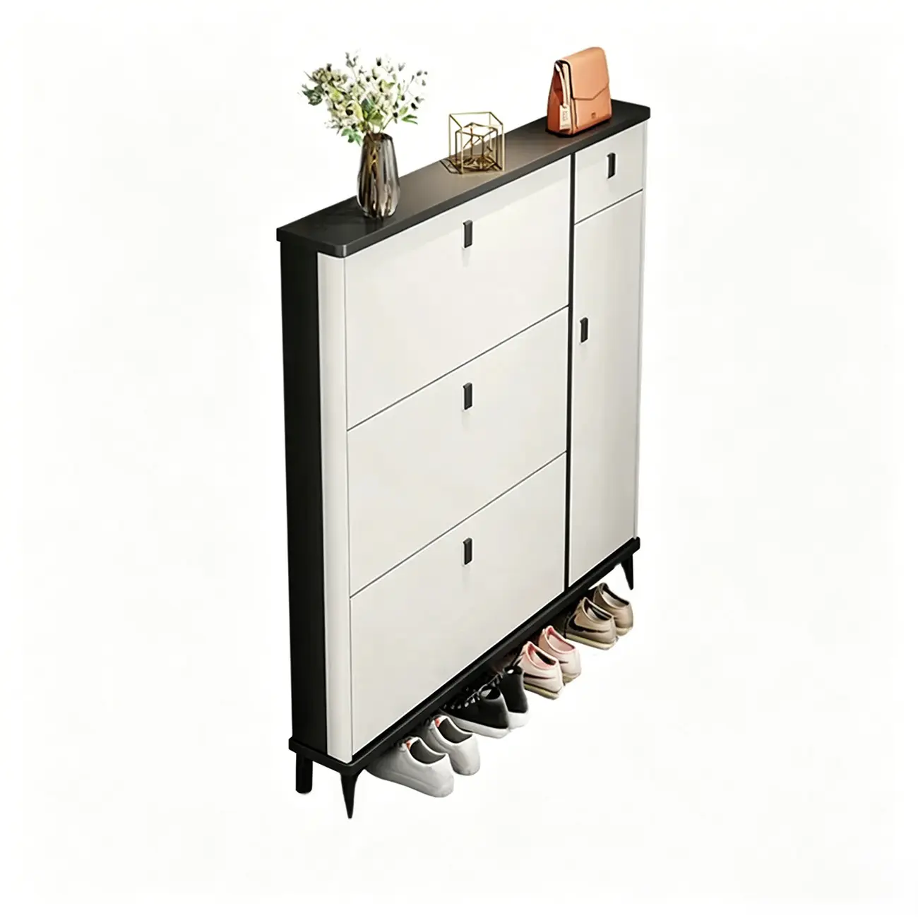Narrow Sleek Gray Wood Shoe Cabinet with Drop-Front Door Image - 8 | homeyfad
