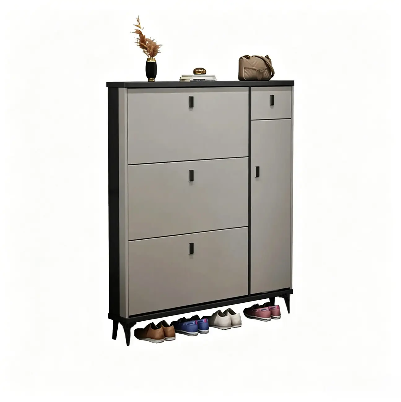Narrow Sleek Gray Wood Shoe Cabinet with Drop-Front Door Image - 5 | homeyfad