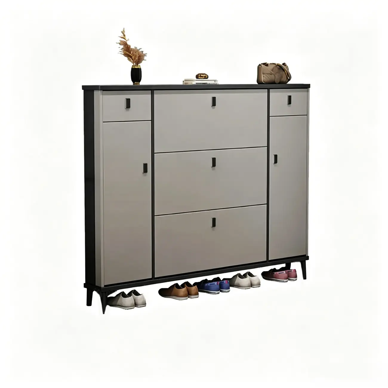 Narrow Sleek Gray Wood Shoe Cabinet with Drop-Front Door Image - 15 | homeyfad