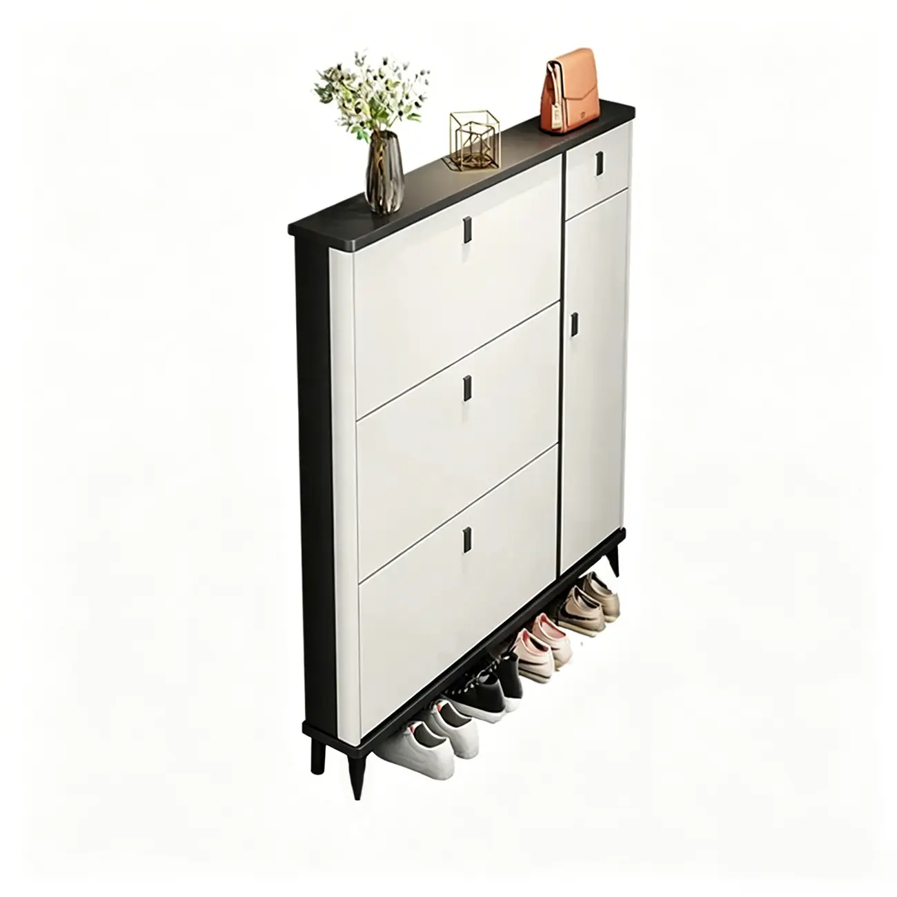 Narrow Sleek Gray Wood Shoe Cabinet with Drop-Front Door Image - 7 | homeyfad