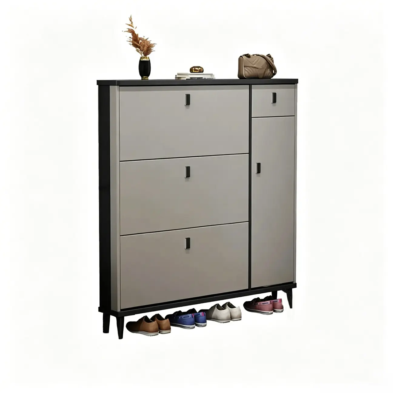 Narrow Sleek Gray Wood Shoe Cabinet with Drop-Front Door Image - 13 | homeyfad