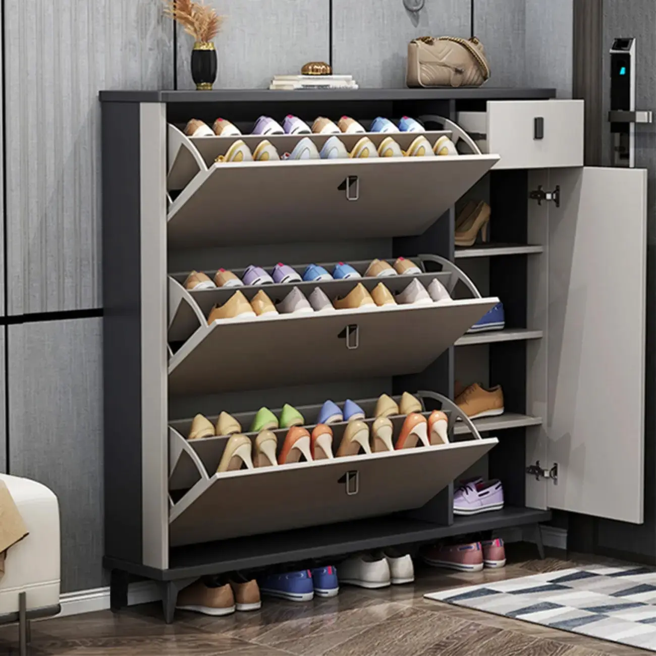 Narrow Sleek Gray Wood Shoe Cabinet with Drop-Front Door Image - 3 | homeyfad
