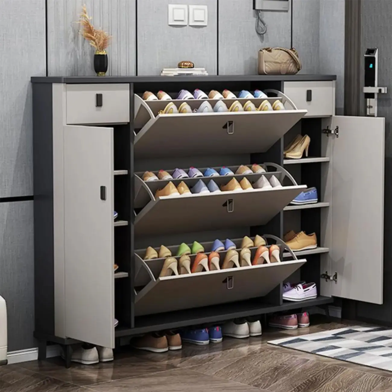 Narrow Sleek Gray Wood Shoe Cabinet with Drop-Front Door Image - 4 | homeyfad