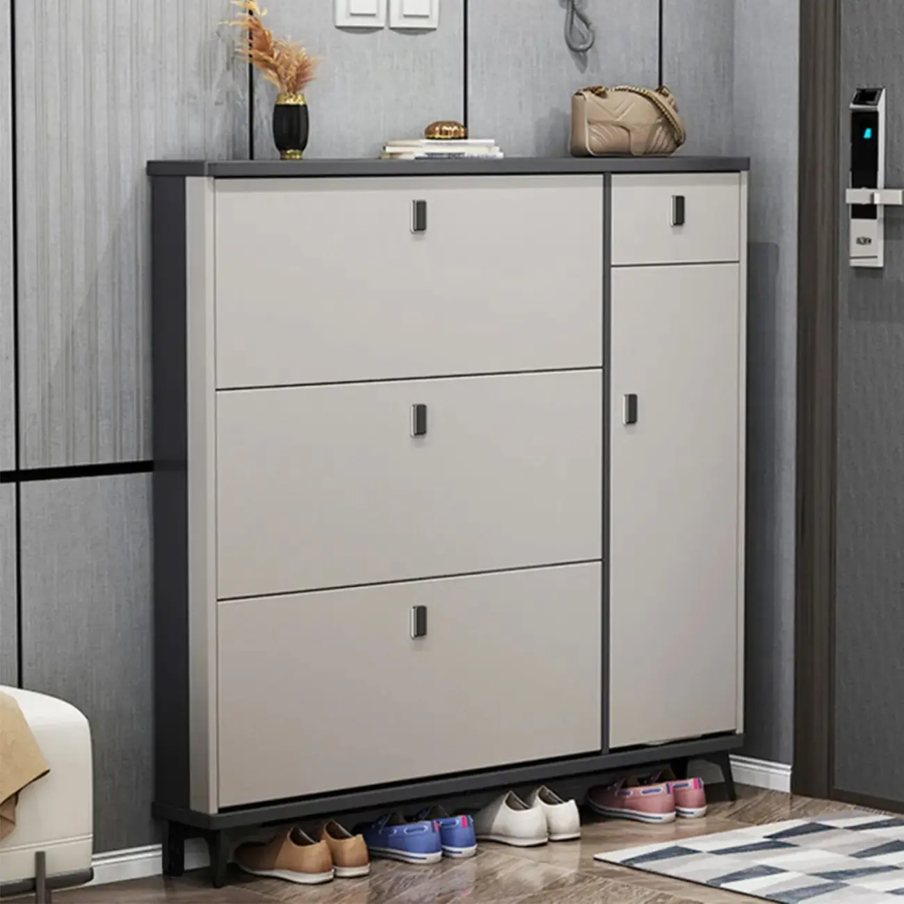 Narrow Sleek Gray Wood Shoe Cabinet with Drop-Front Door Image - 1 | homeyfad