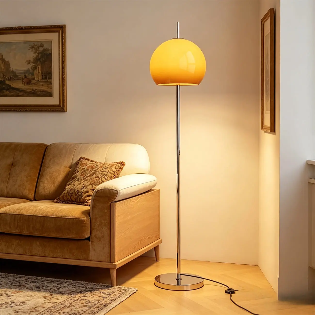 Contemporary Stand up Floor Lamp with Amber Orange Glass Dome Image - 3 | homeyfad