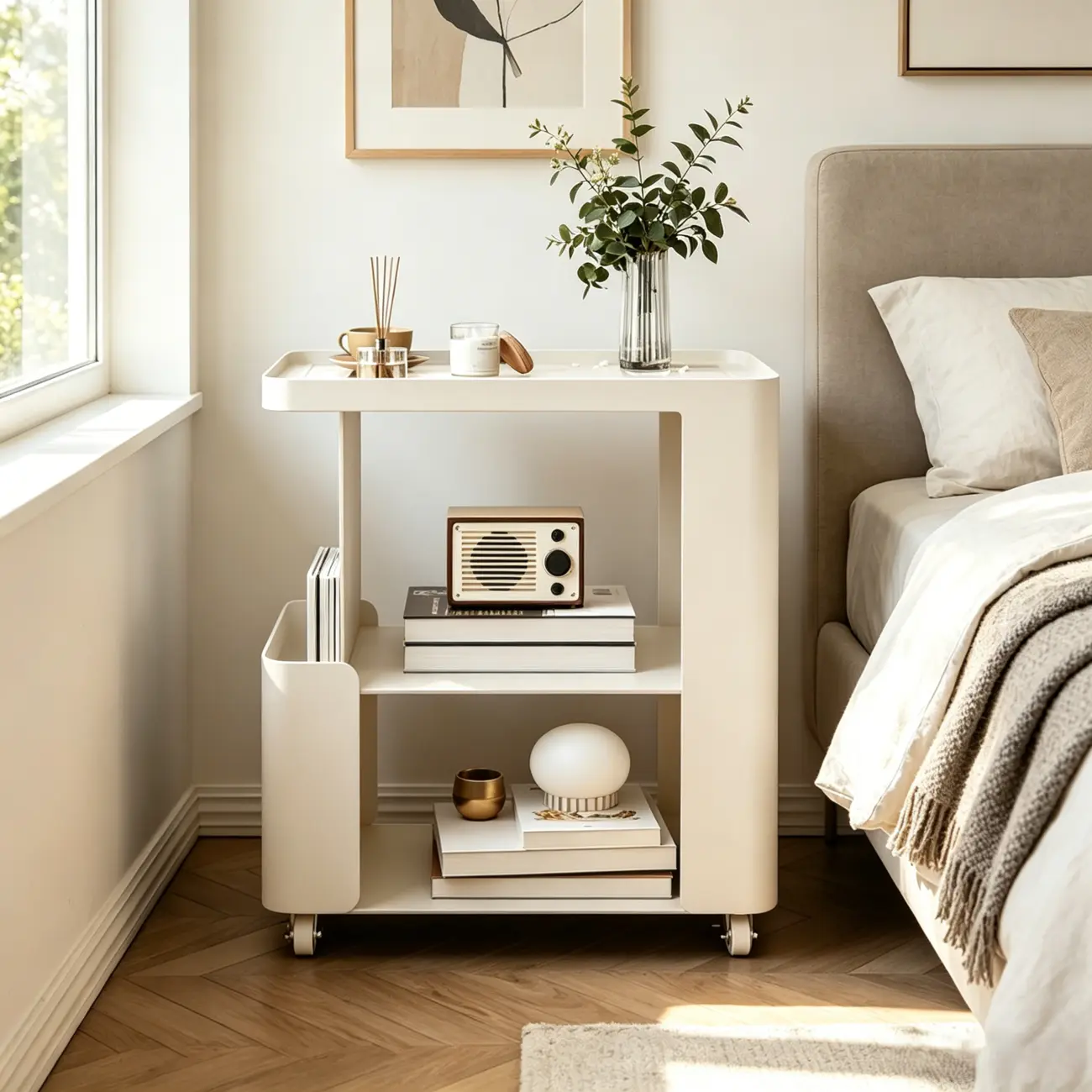 Postmodern 3 Shelves Open Storage Rolling Nightstand with Light Image - 3 | homeyfad