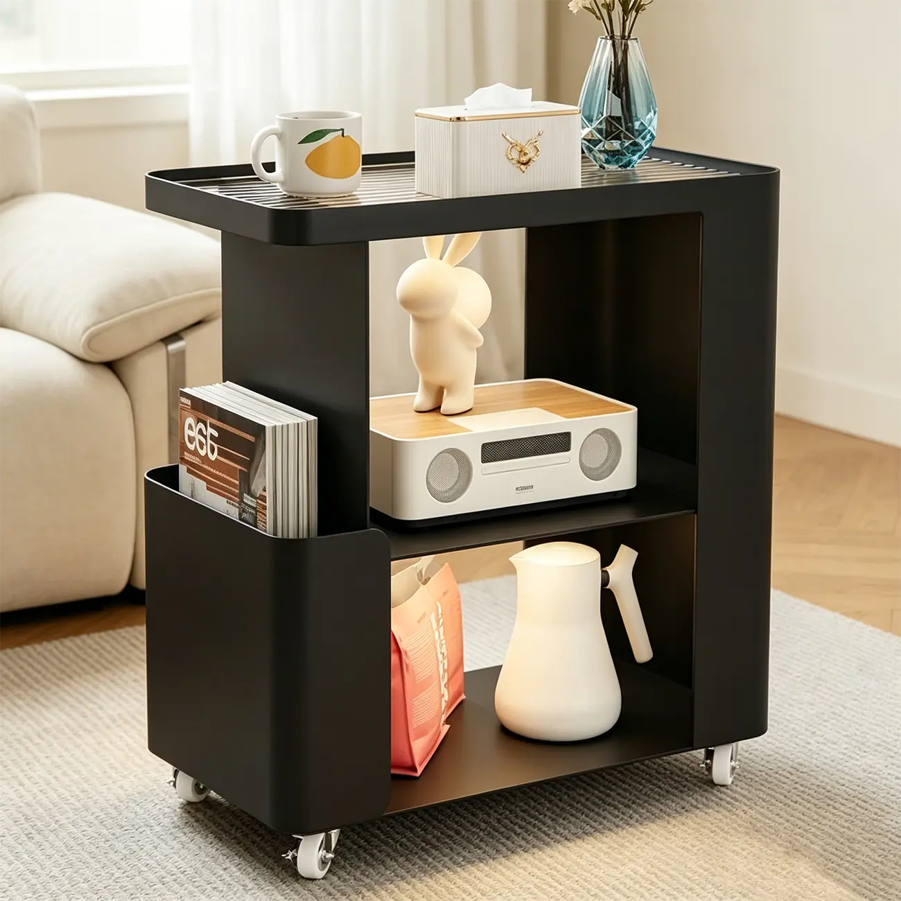 Postmodern 3 Shelves Open Storage Rolling Nightstand with Light Image - 5 | homeyfad