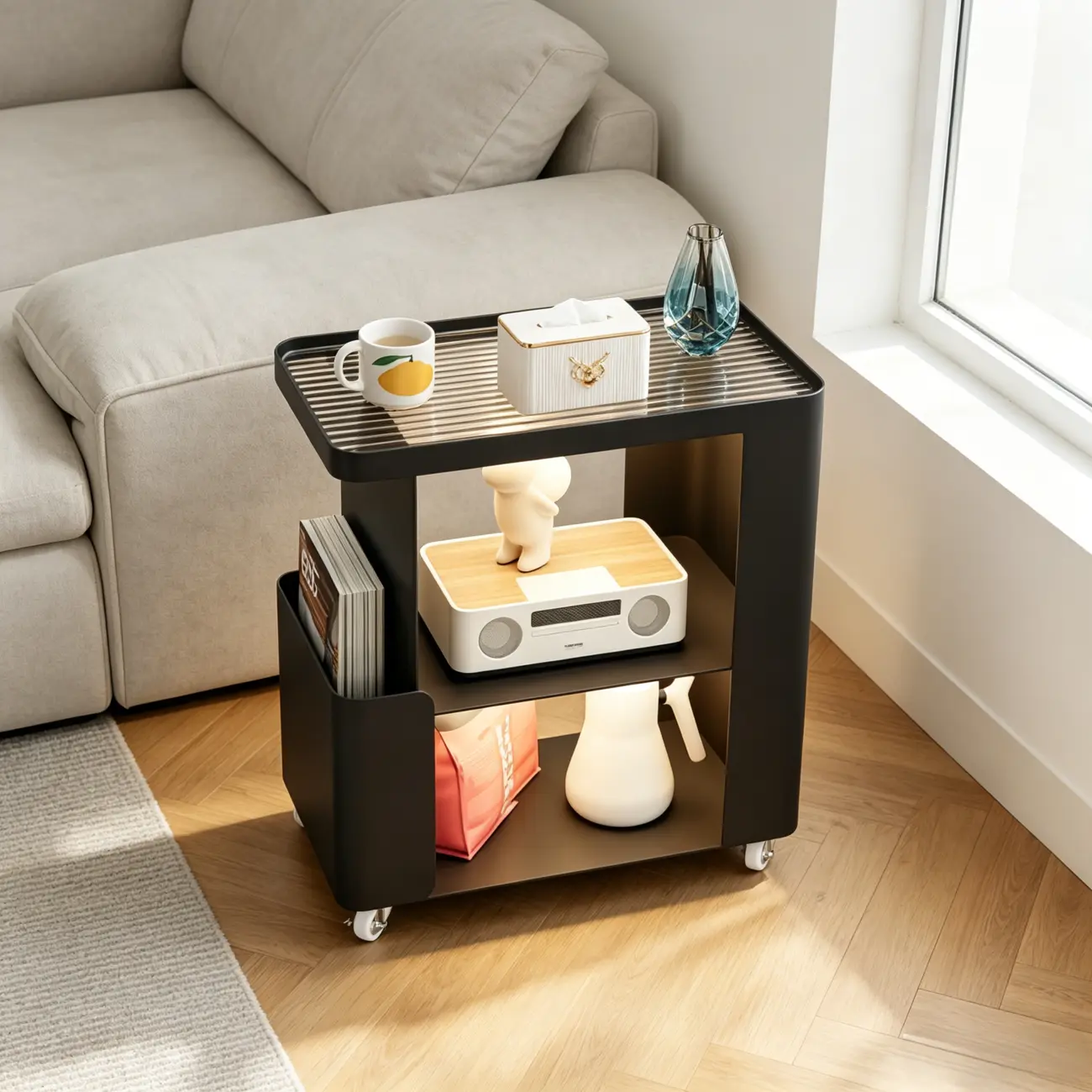 Postmodern 3 Shelves Open Storage Rolling Nightstand with Light Image - 7 | homeyfad