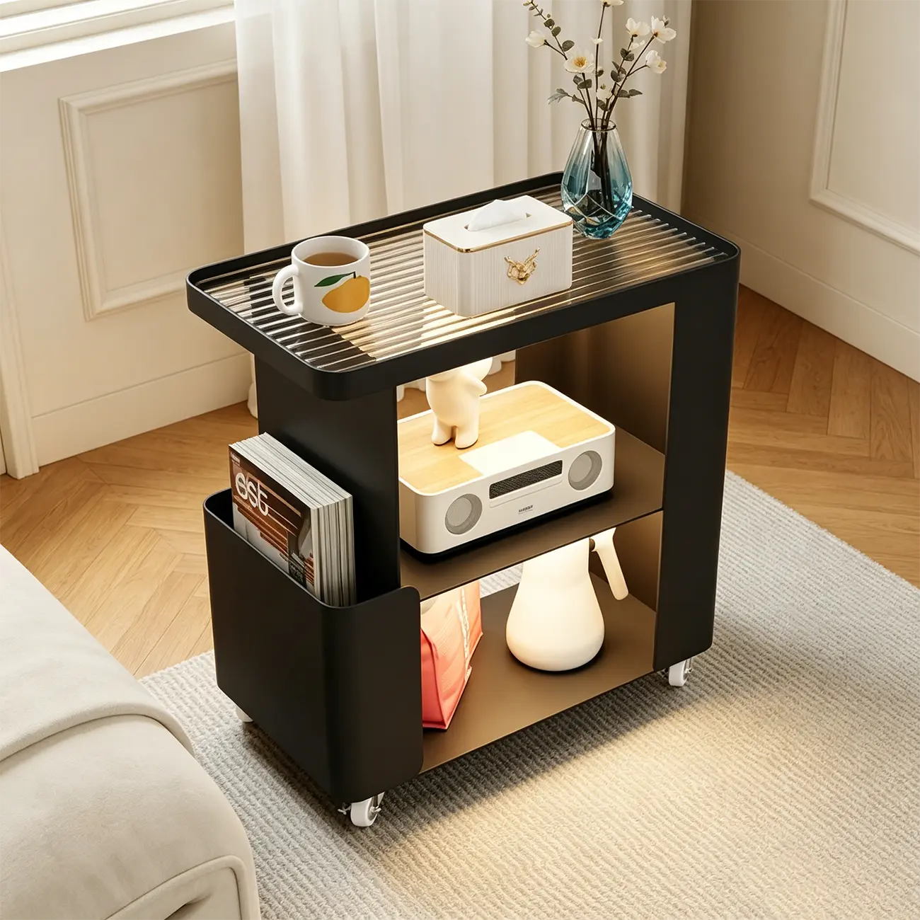 Postmodern 3 Shelves Open Storage Rolling Nightstand with Light Image - 6 | homeyfad