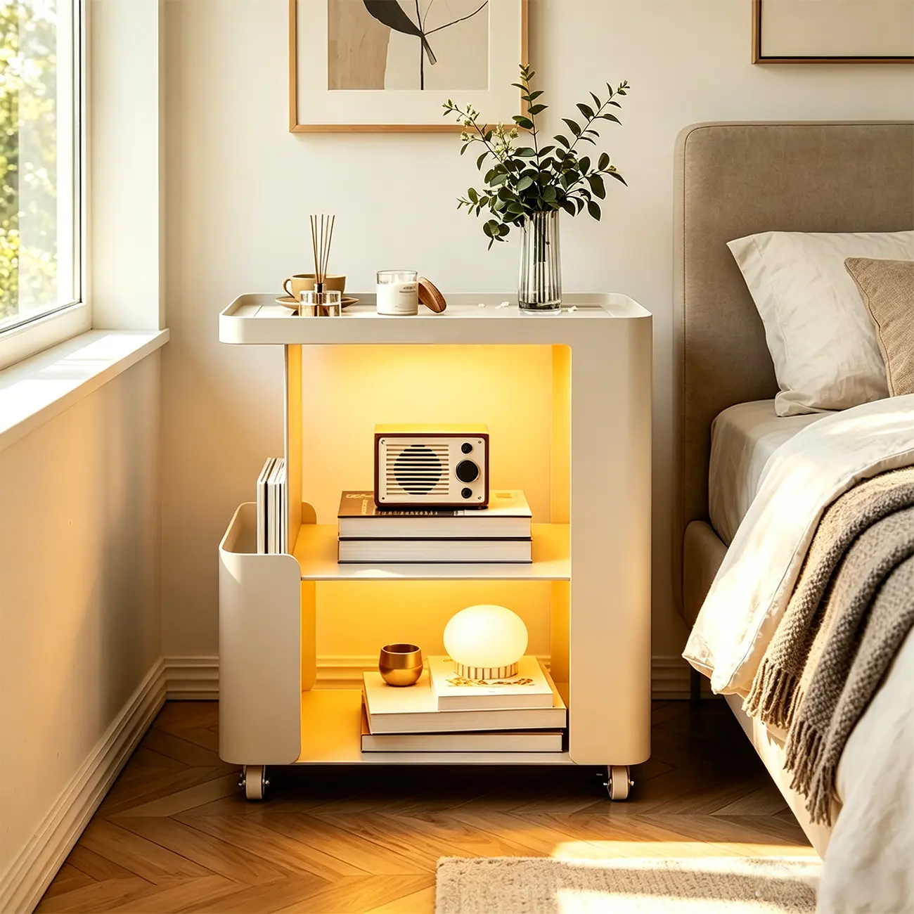 Postmodern 3 Shelves Open Storage Rolling Nightstand with Light Image - 4 | homeyfad