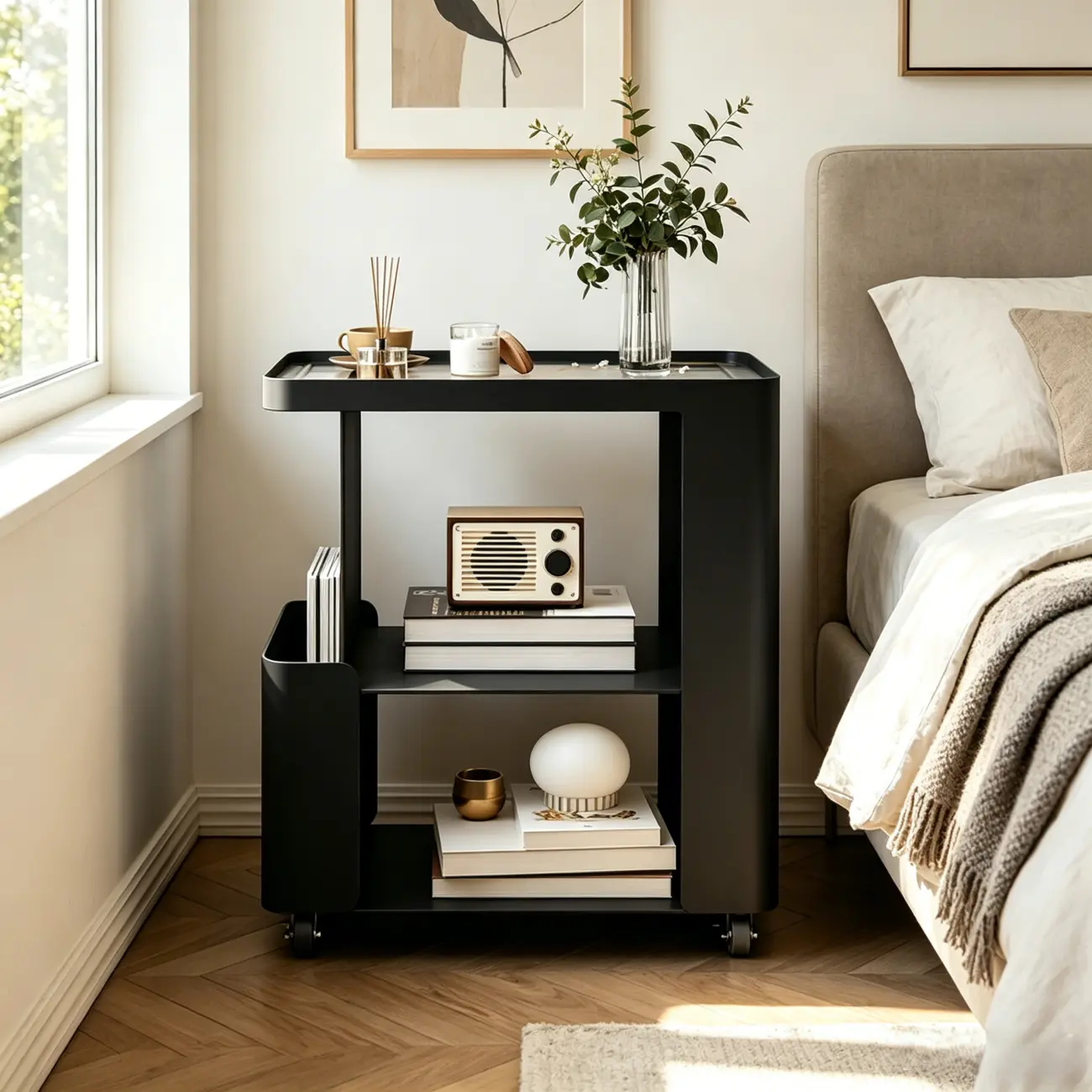 Postmodern 3 Shelves Open Storage Rolling Nightstand with Light Image - 1 | homeyfad