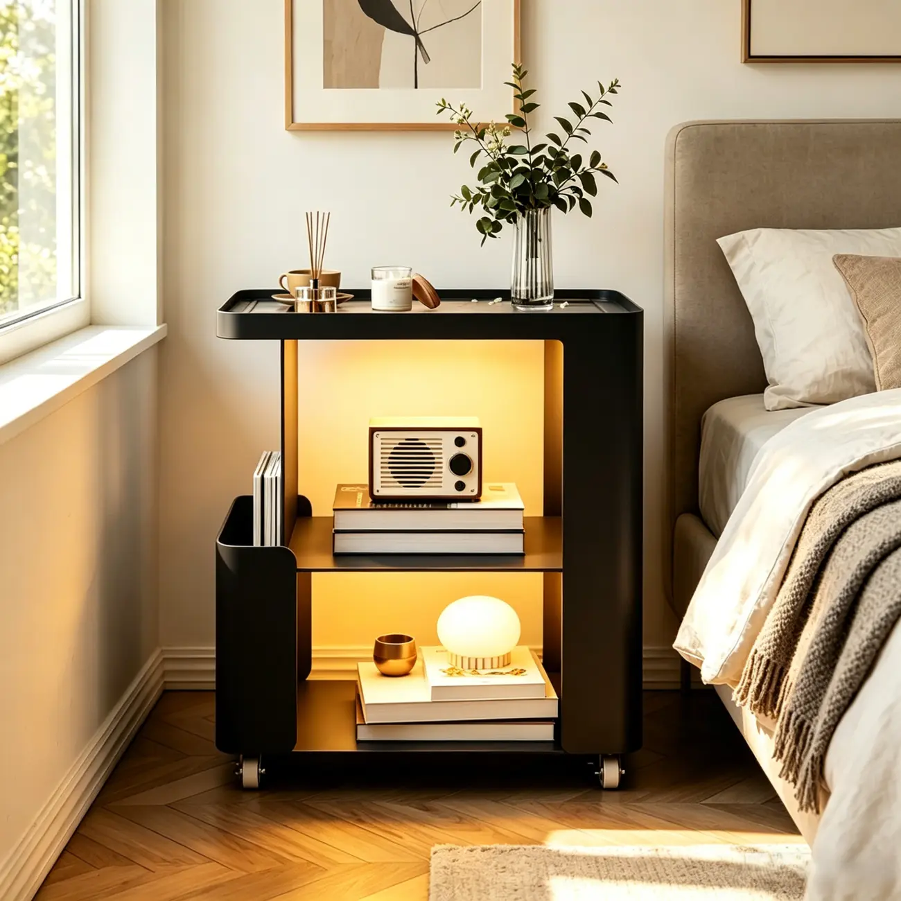 Postmodern 3 Shelves Open Storage Rolling Nightstand with Light Image - 2 | homeyfad